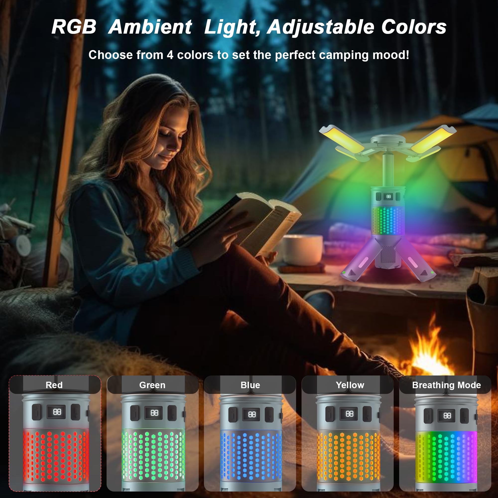 Camping-Lichter, wiederaufladbare Teleskop-Camping-Lichter mit Ständer, 12000 mAh, Campinglaternen und Lichter mit RGB, Magnetfuß, tragbare Taschenlampen für Camping, Wandern, Notfall