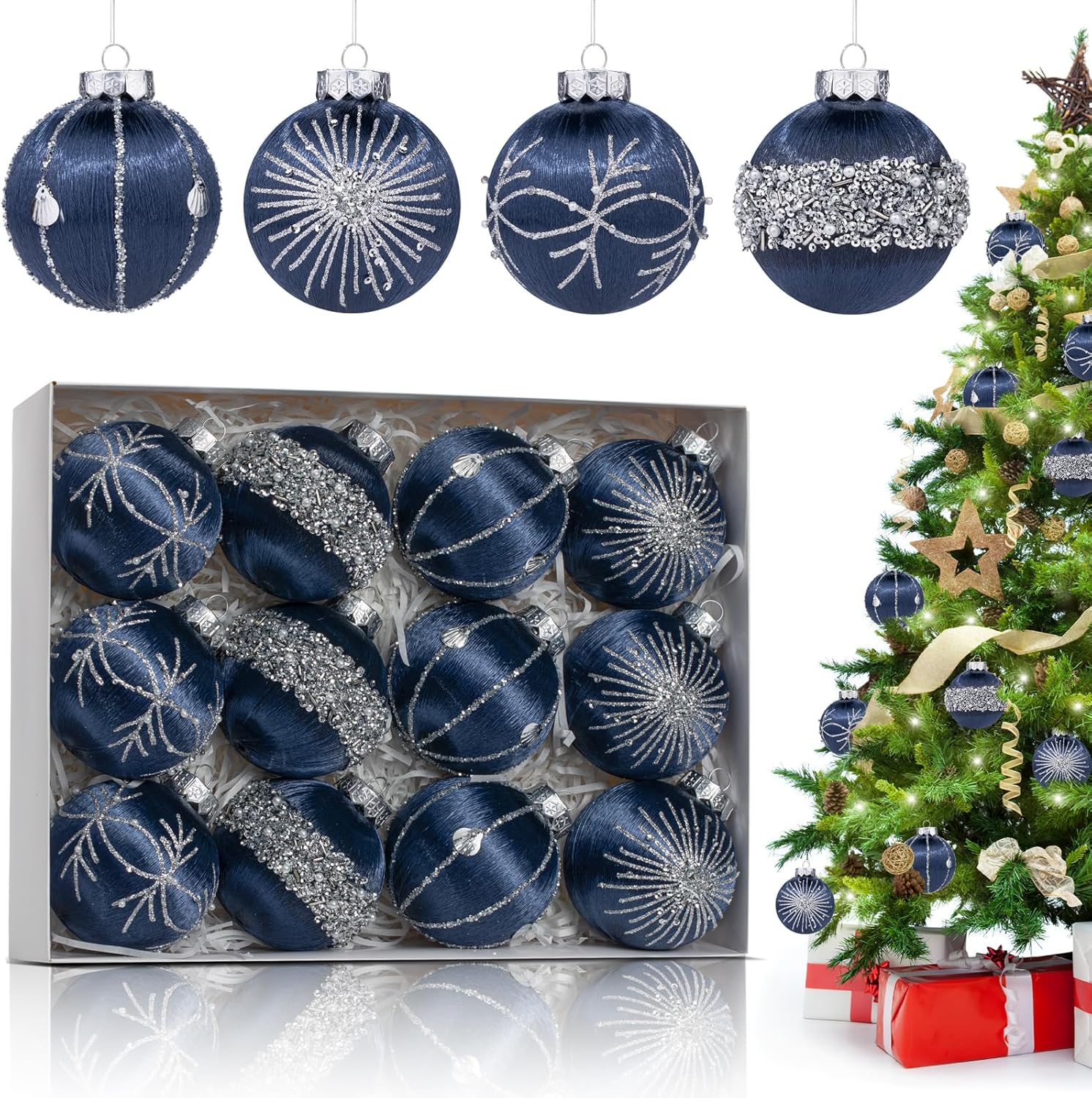 Amazon.com: Navy Blue Satin Christmas Balls Silk Ornaments Ball -12 ...