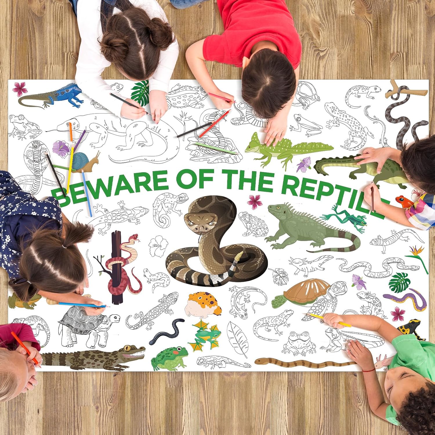 Reptile Coloring Poster for Kids, 43.3 x 29.5 Inch Giant Reptile Coloring Sheets Sauropoda Animals Coloring Tablecloth DIY Painting Craft for Wall Classroom Home Birthday Party Decoration