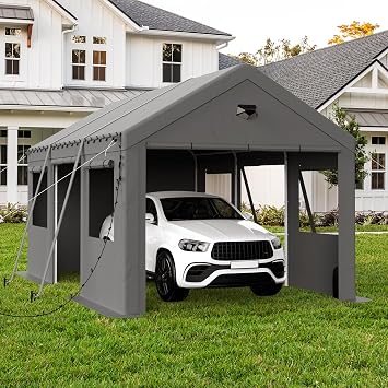 10x16 Heavy Duty Carport Canopy, Drive Through Portable Garage | Roll-Up Windows and Doors, Removable Sidewalls, Side Doors