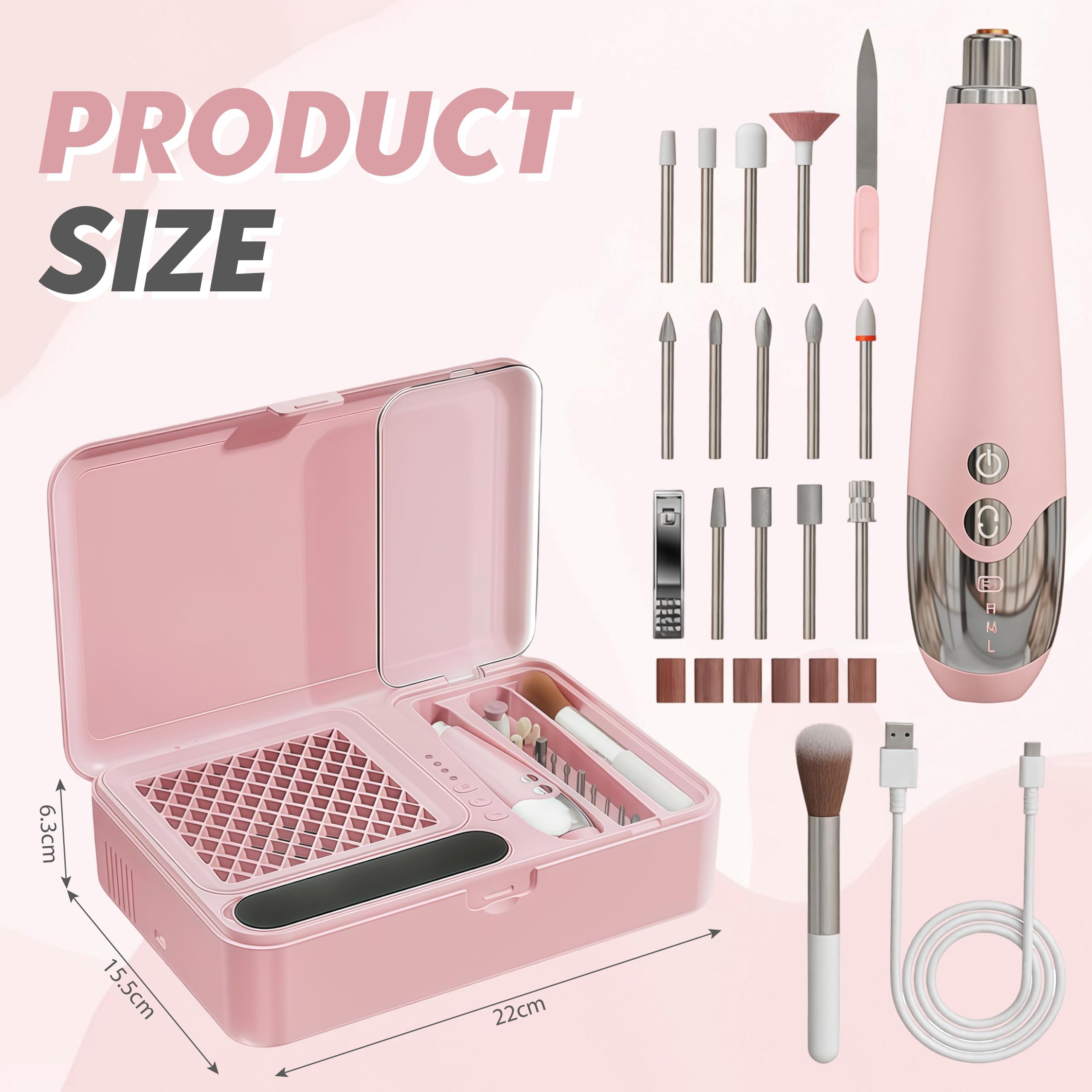 Lima Eléctrica para Uñas con Aspiración de Polvo Integrada, Fresador Inalámbrico con 4 Niveles de Succión, Set de Manicura con 13 Cabezales Recargable USB-C para Uso Doméstico