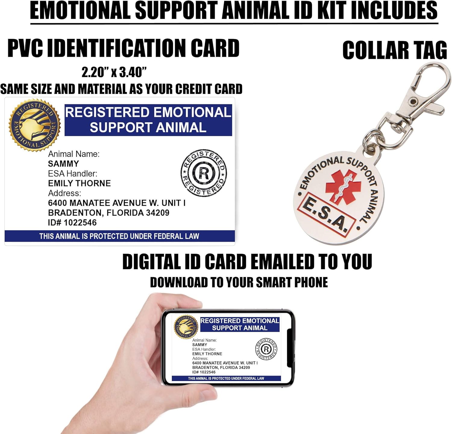 No Photo - Fast - Custom PVC Emotional Support Animal ID Card with Registration Mobile Device Digital ID Badge ESA Collar Tag Five ESA Informational Handout Cards
