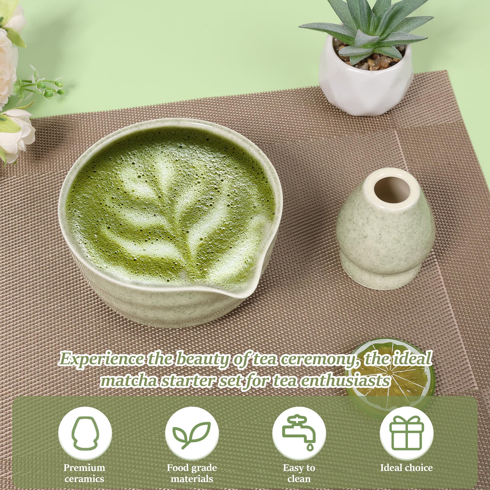 2 Teilige Japanische Matcha Schüssel aus Keramik mit Schneebesenhalter 500ML Chawan Einfach Liefert Schneebesen Teeschale, Chawan Matcha Teeschale für Anfänger DIY Liebhaber Starter(Matcha Grün)