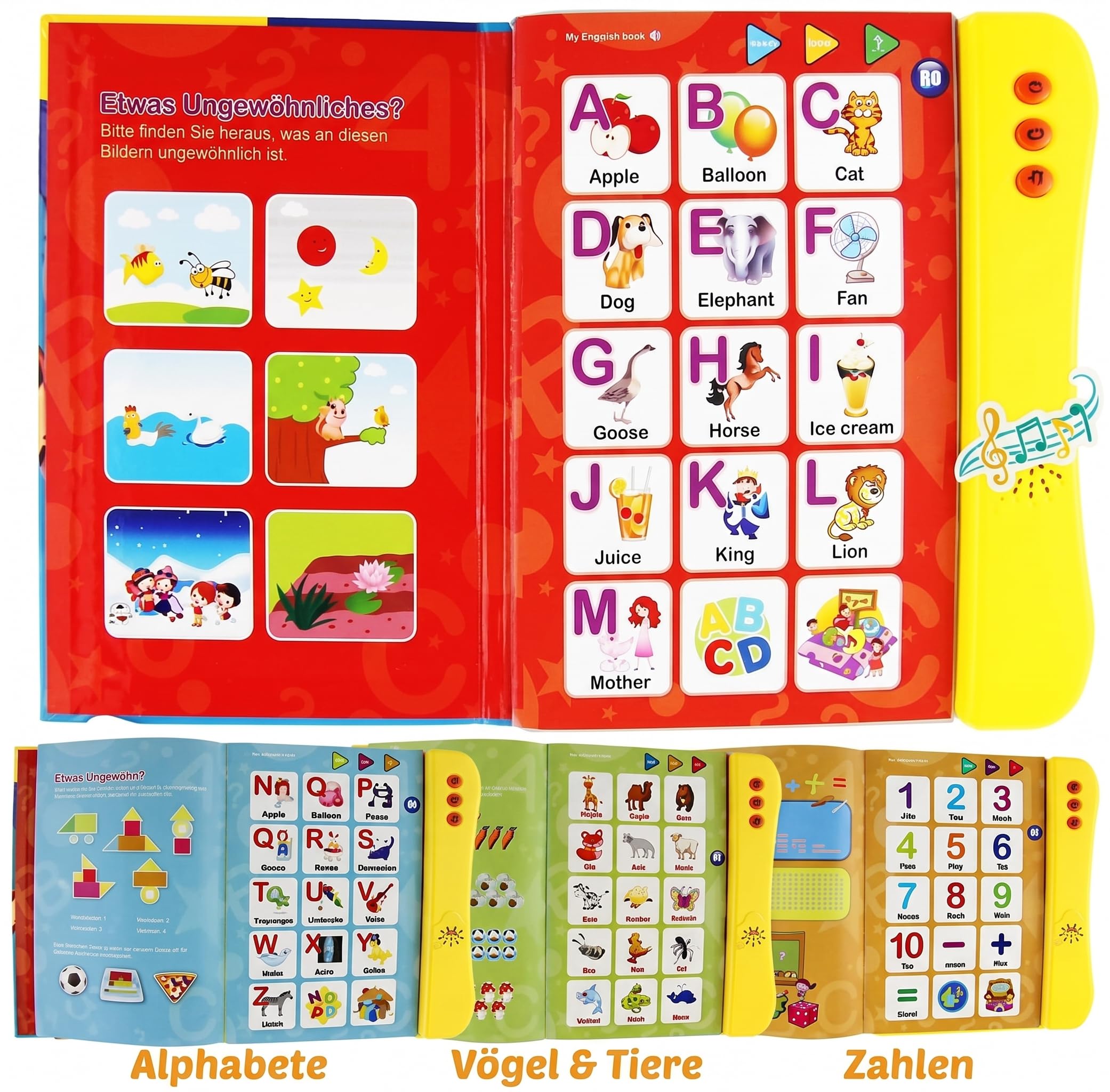 Englisch Lernen Kinder Soundbuch ABC, Interaktives Klangbuch Englisch mit 100+ Tönen, 8 Lernseiten und 3 Lernmodi, Lernspielzeug für Buchstaben, Wörter, Zahlen, Formen und Tiere ab 3 Jahre