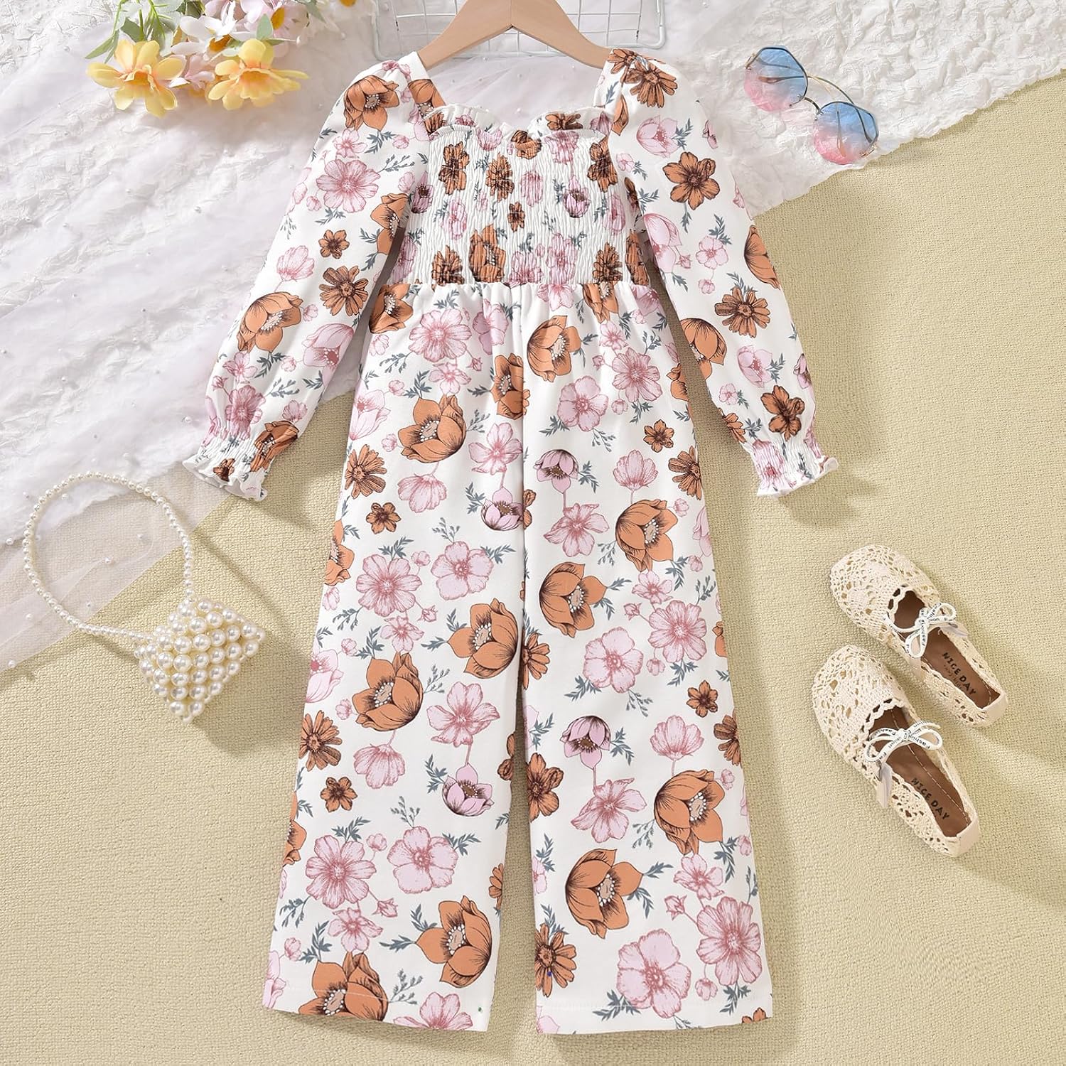 HINTINA Toddler Girl One Piece Jumpsuit Long Sleeve Wide Leg Pant Casual Loose Smocked Romper Fall Clothes