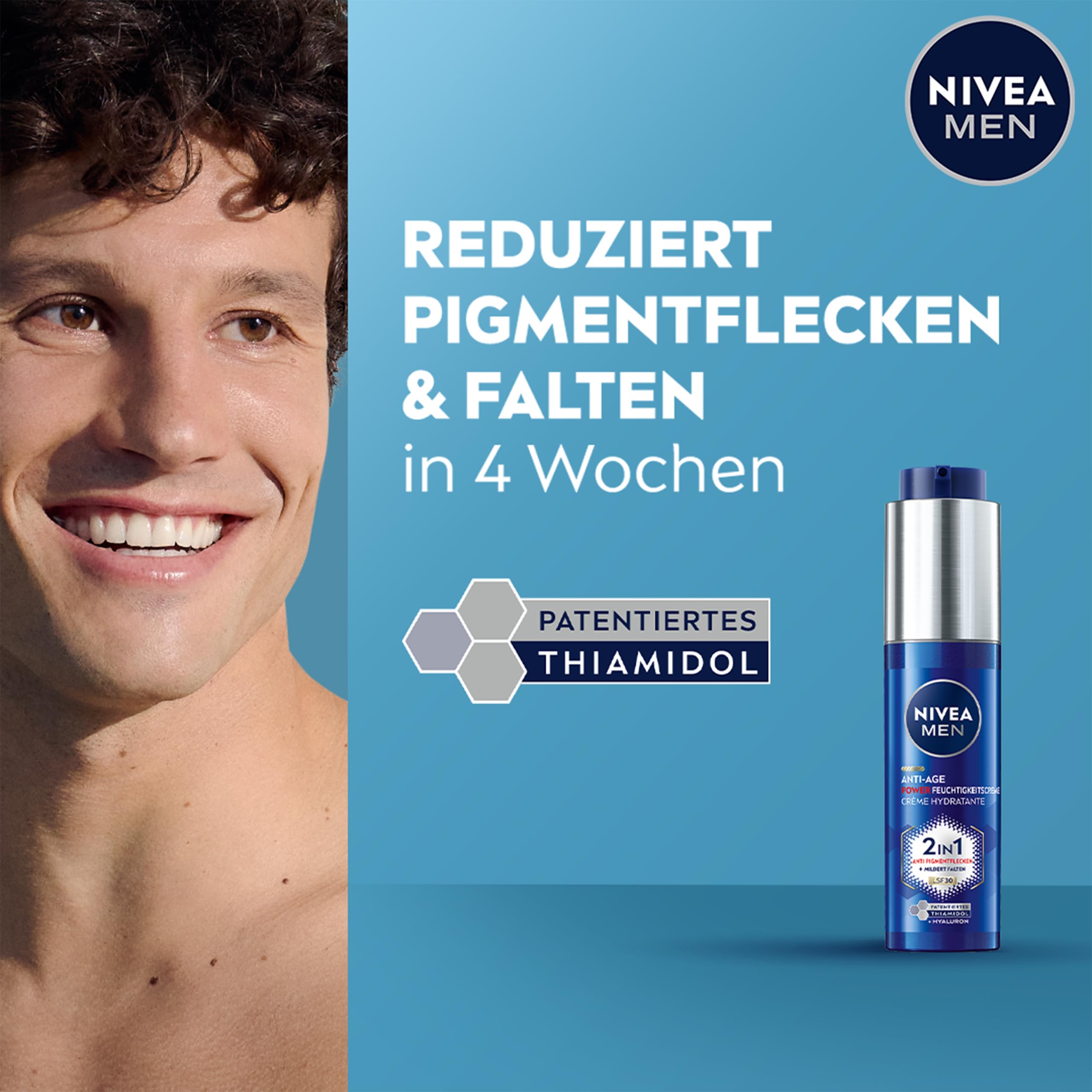 NIVEA MEN Anti-âge 2 en 1 Power Soins du jour avec SPF 30, soins du visage à l'acide hyaluronique pour hommes avec effet anti-âge, soins de la peau avec LUMINOUS630® contre les taches de vieillesse et
