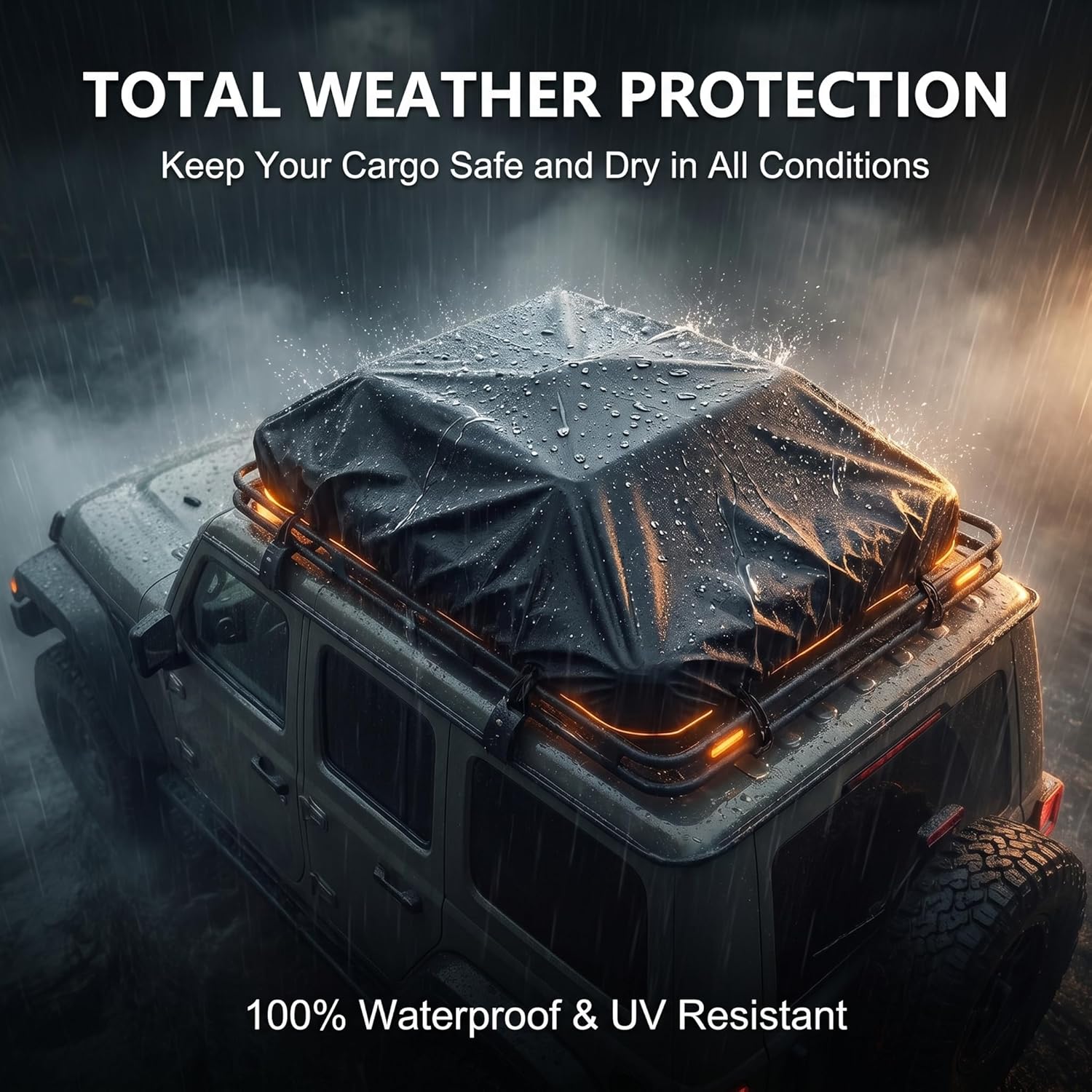 1 PC Car Roof Rack Cover, Waterproof Sunproof Silver Coated Fabric Cargo Bag Protector with Drawstring, Universal Travel Accessory for Most Cars, Trucks, SUVs (Black)
