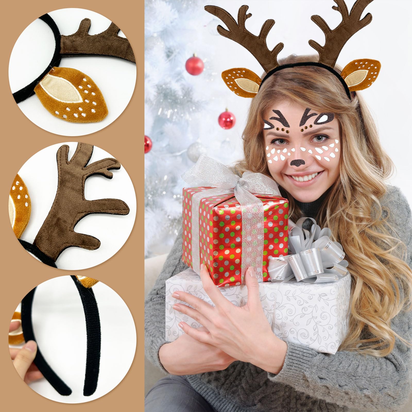 SAIIURV 3 Pieces Reindeer Headband Costume For Women Halloween Deer Antlers Horns Deer Ears Headband Deer Face Tattoo Stickers Adults Princess Tutu Skirt - Image 3