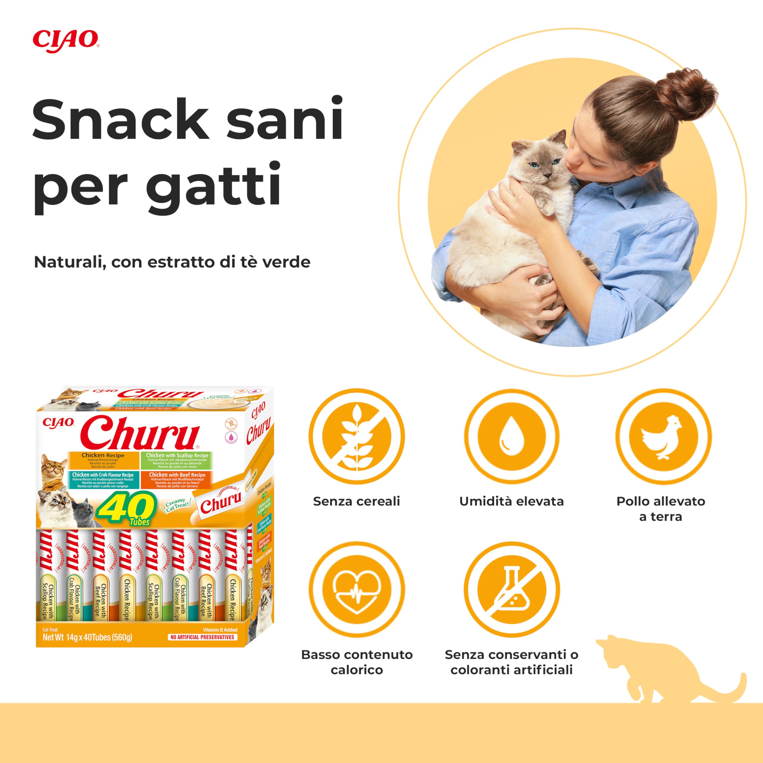 INABA Churu Snack per Gatti Cremoso in 4 Varietà al Pollo - 40 Stick x 14g - Cibo per Gatti da Leccare, Sano e Delizioso - Snack Gatto Senza Conservanti o Coloranti Artificiali, Grain-Free