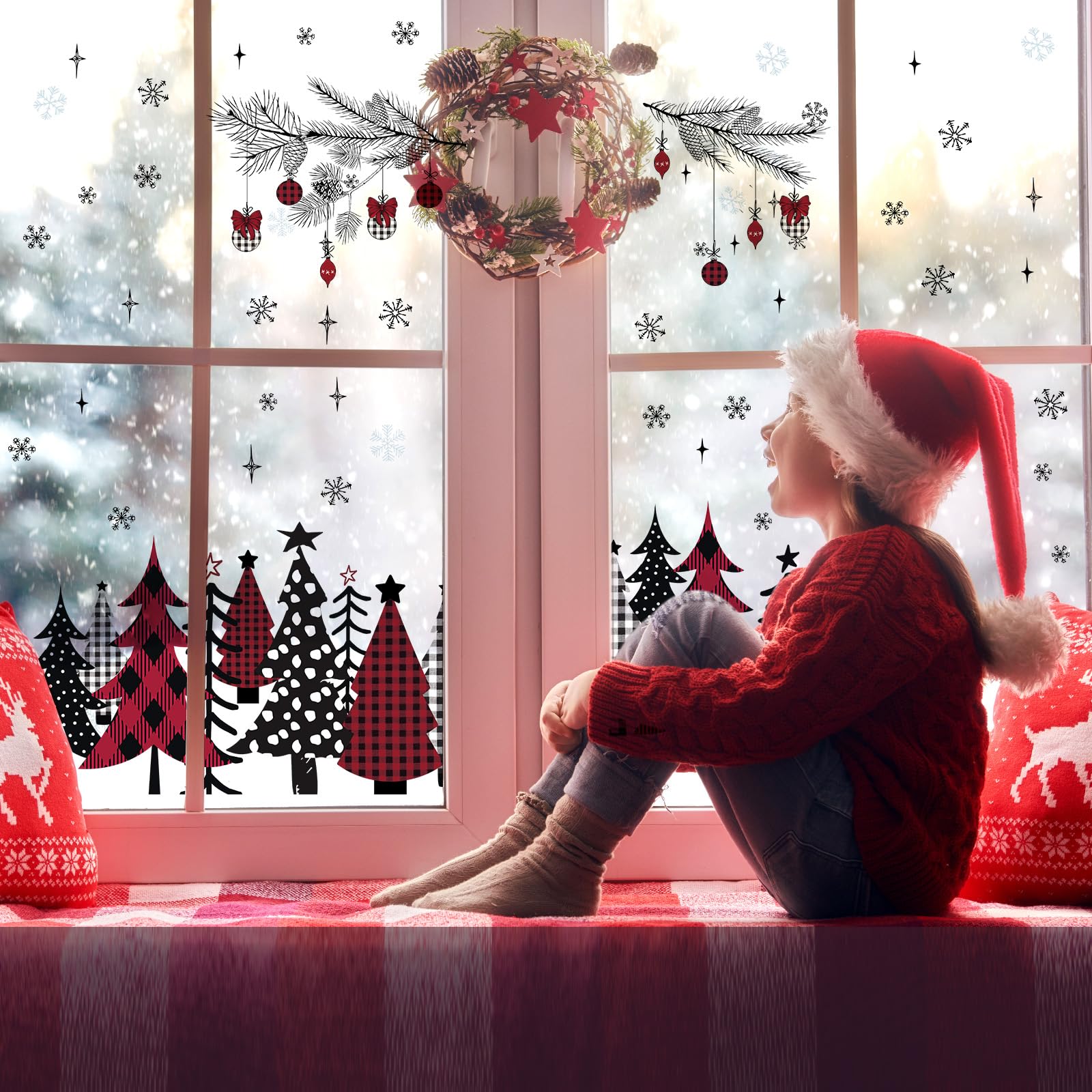 Qeeenar 3 hojas de calcomanías de pared de Navidad, calcomanías de Navidad para ventana, calcomanías de árbol de Navidad, calcomanías de pared extraíbles para invierno, sala de estar, decoración de