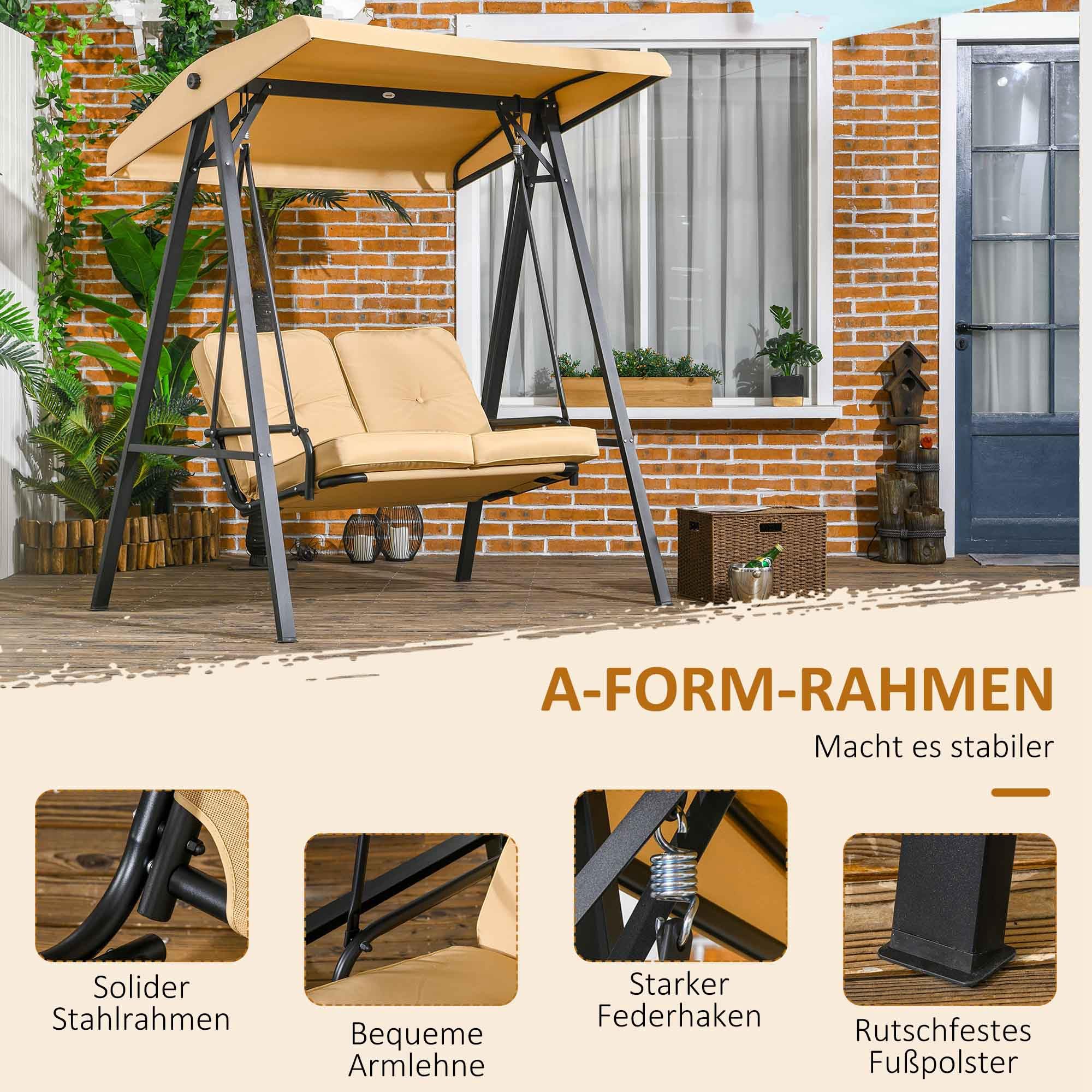 Outsunny Hollywoodschaukel 3-Sitzer Gartenschaukel mit verstellbarem Sonnendach, Schaukelbank belast bis 220kg, Gartenliege für Garten, Terrasse, 145 x 116 x 172 cm, Beige