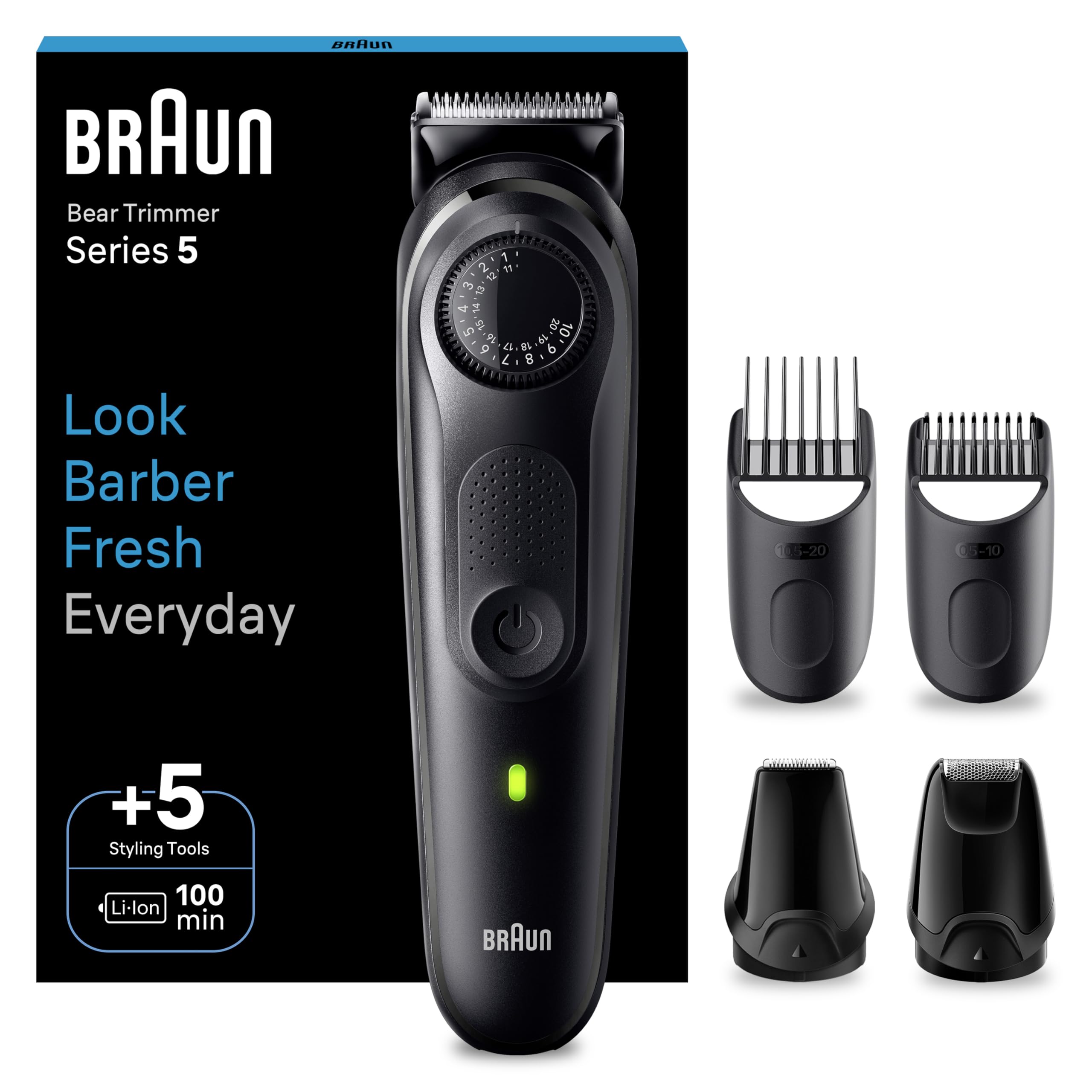 Braun Recortadora de Barba Series 5, Máquina Cortar Pelo, Máquina de afeitar, Cortapelos Hombre con 100 Min Autonomía, BT5430, Negro