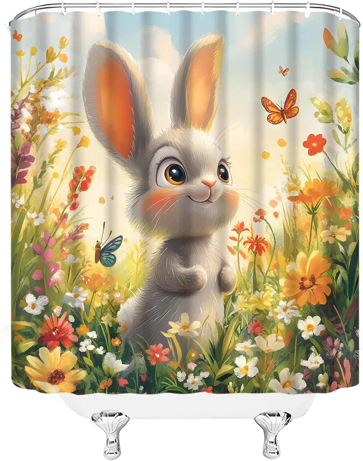 Spring Bunny Shower Curtain Easter Rabbit Watercolor Flower Butterfly Rustic Garden Farmhouse Floral Bathroom Curtain Fabric with Hooks(70" Wx84 H)