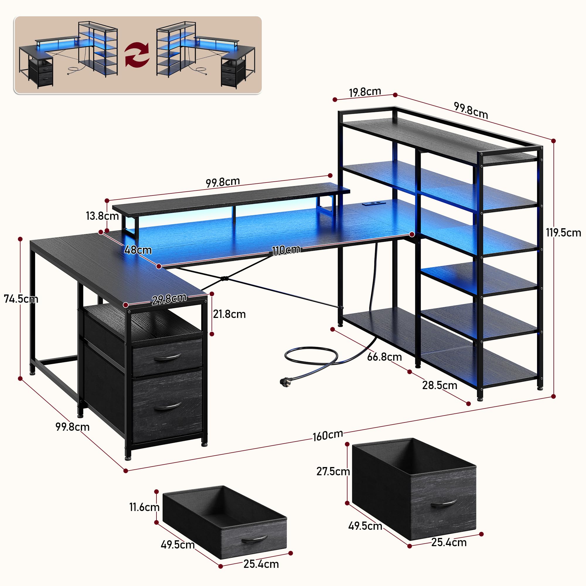 160 × 100cm Eckschreibtisch mit Stauraum und LED | U Form Gaming Tisch mit 2 Schubladen, 6 Regal, Monitorhalterung, Steckdosen, Reversibel, für Homeoffice, Gaming, Schwarz