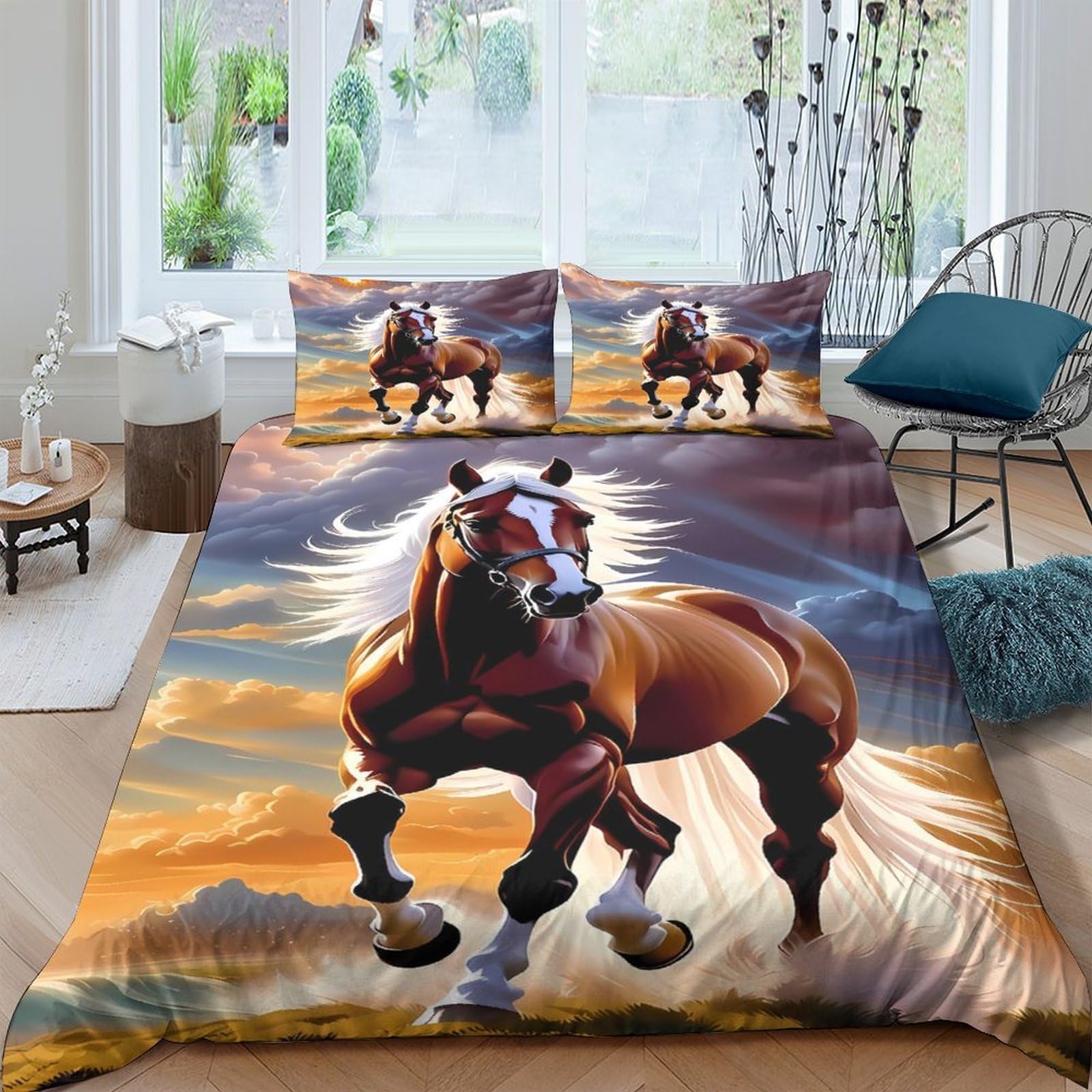Ctjqhvkz Style-9 3D Printed Brown Horse Fitted Sheet Microfiber Soft Breathable Sunset Landscape Mattress Cover For Bedroom Dorm Mattress Decor Single（135X200cm）