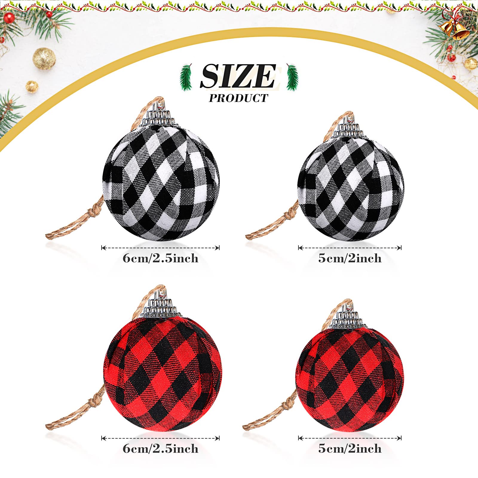 Décorations de Noël à carreaux de buffle - Couronne de sapin de Noël - Lot de 16 boules à suspendre pour décoration de sapin de Noël (rouge et noir, noir et blanc)