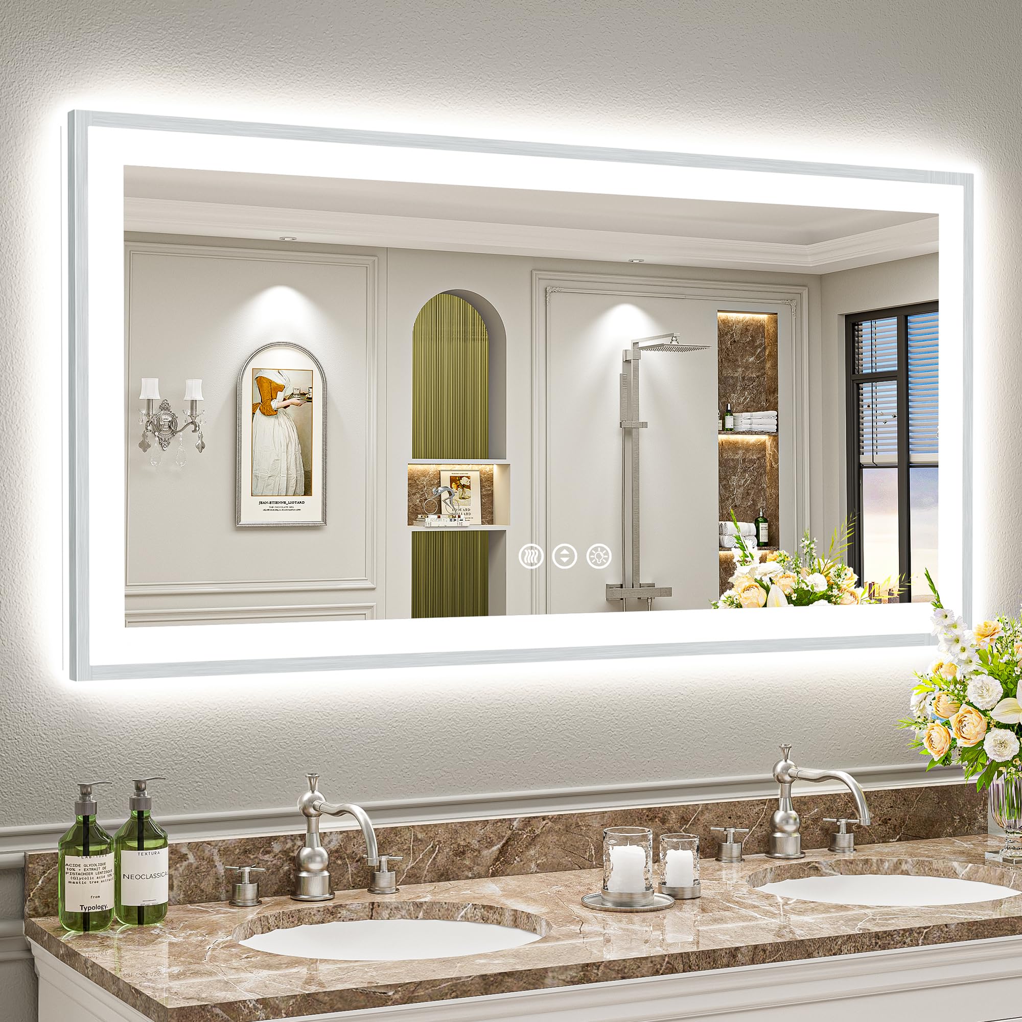 55x30 Inch Brushed Nickel LED Bathroom Mirror, Backlit &amp; Front-Lit | Silver Framed, Anti-Fog Lighted Vanity Mirror, Dimmable, 3-Color Temp, Memory, CRI95, Shatterproof, Tempered Glass, UL Listed
