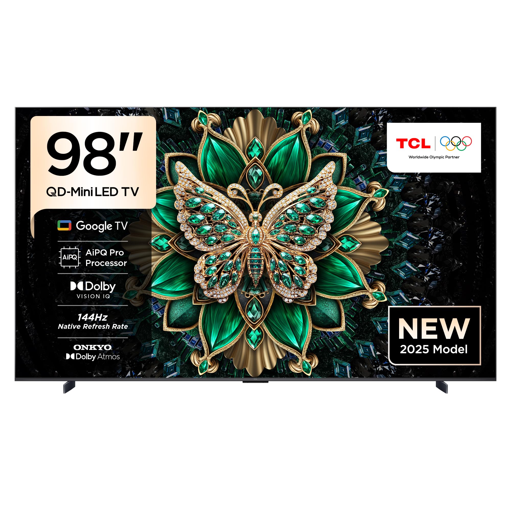 Davanti view of the TCL 98C6K 98-inch 4K QD-MiniLED Smart TV.