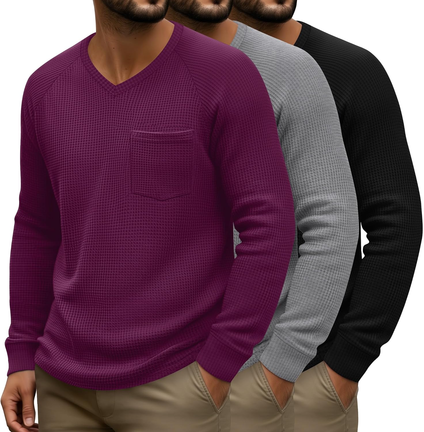 3 Pack Men's Waffle Shirts Long Sleeve V Neck Raglan Sleeve Knit Tops Casual Thermal Undershirts with Pocket Regular