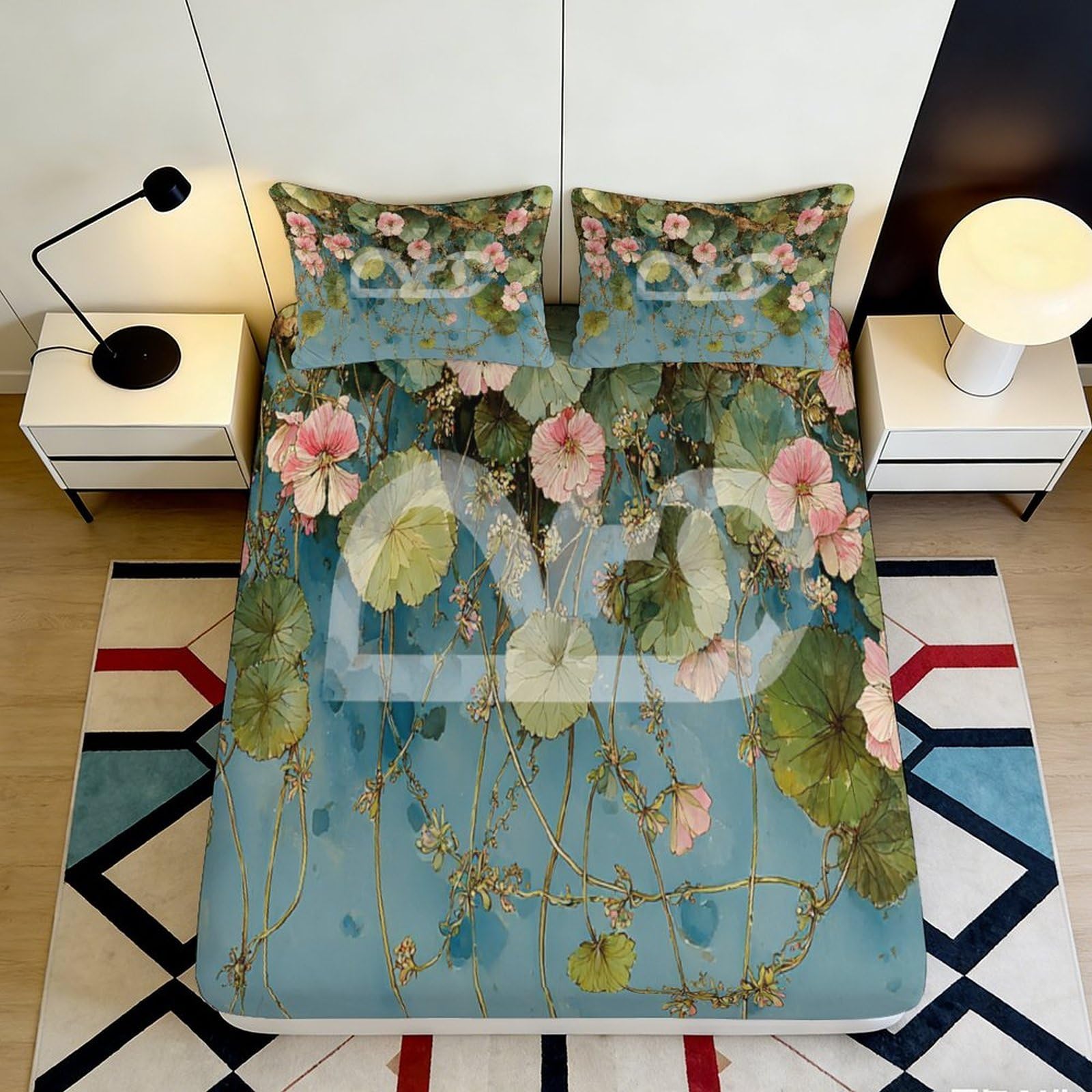 3D Printed Watercolor Lotus Fitted Sheet Microfiber Soft Floral Pond Bed Cover for Bedroom Dorm Mattress Protection Decor 180x200x25cm