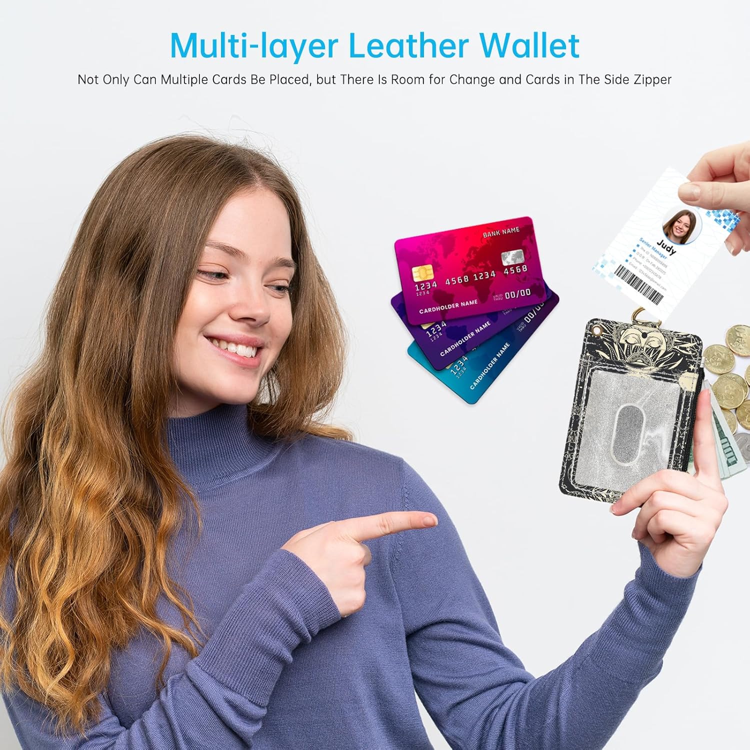 Sun and Moon 2-in-1 ID Badge Holder & Lanyard Wallet for Teachers,Nurse,Professionals-Cute Zippered Coin Pouch,Removable Wristlet & Neck Lanyard,5 Card Slots Stylish Work Essential - Image 5