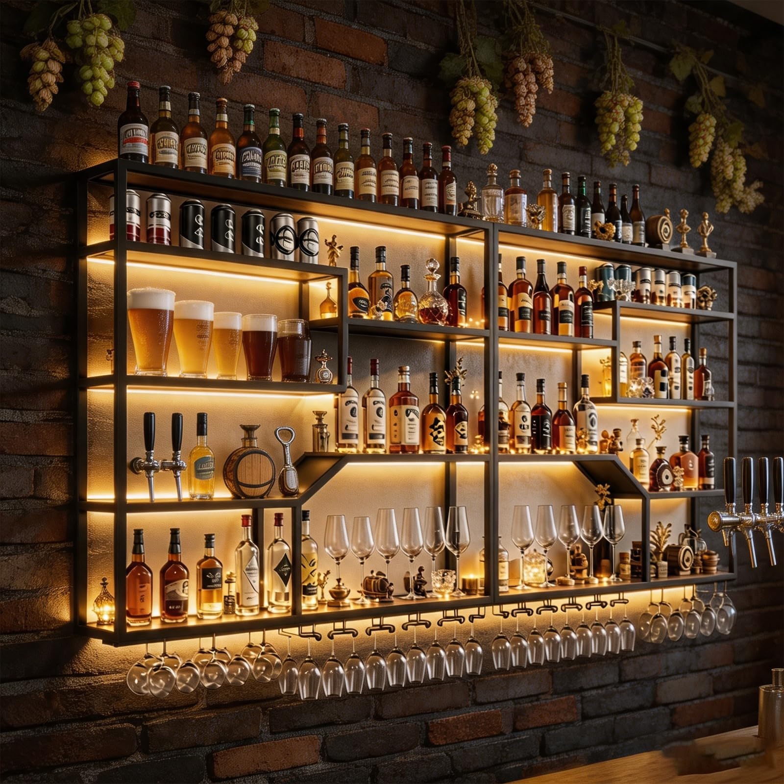 Botellero Modular de Pared con luz LED (Negro, 200CM) | Botellero de pared LED modular, 4 niveles, hierro y nogal; hasta 200 botellas; largo 200-300 cm; portacopas incluido
