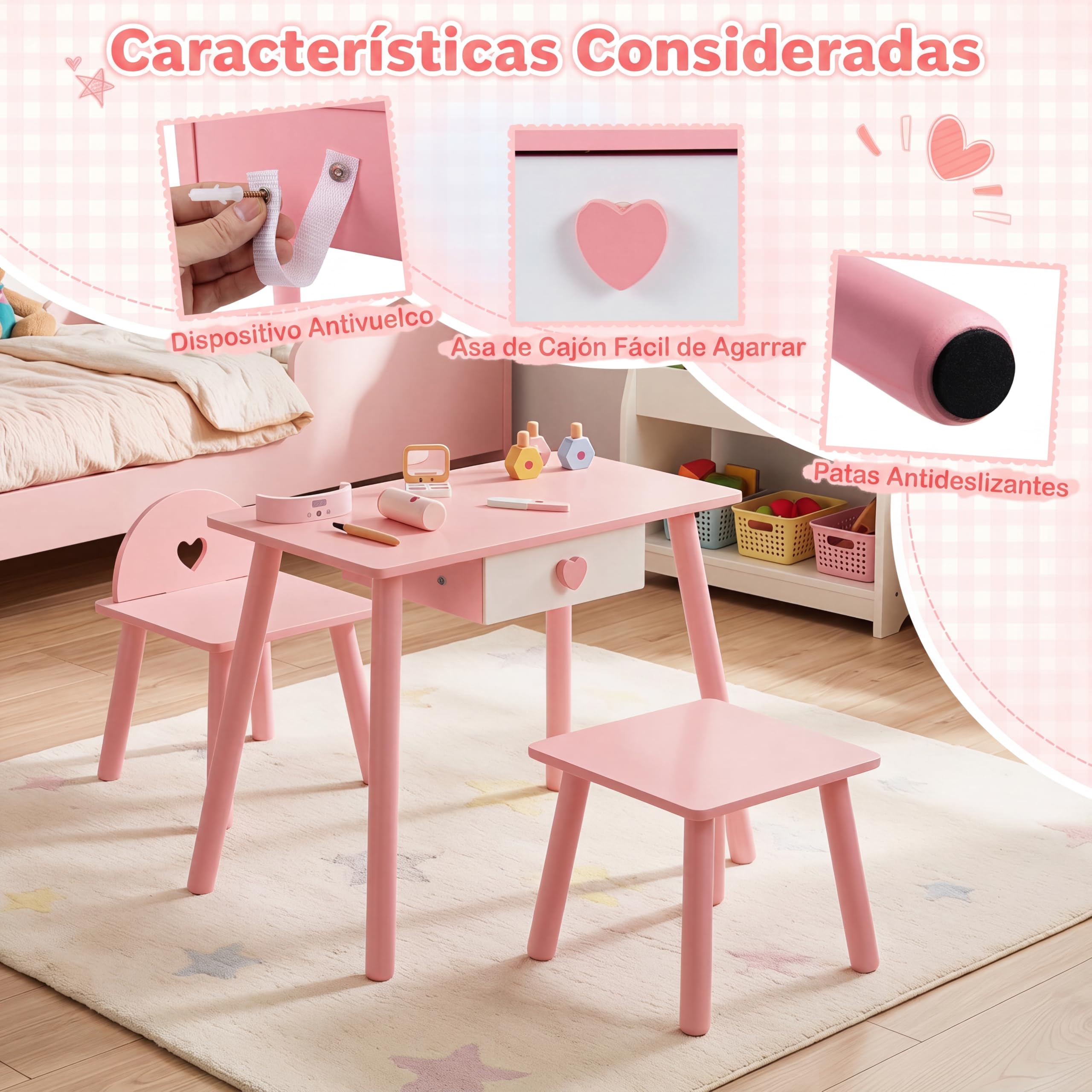 COSTWAY Tocador de Maquillaje Niña para Manicura con Silla y Taburete