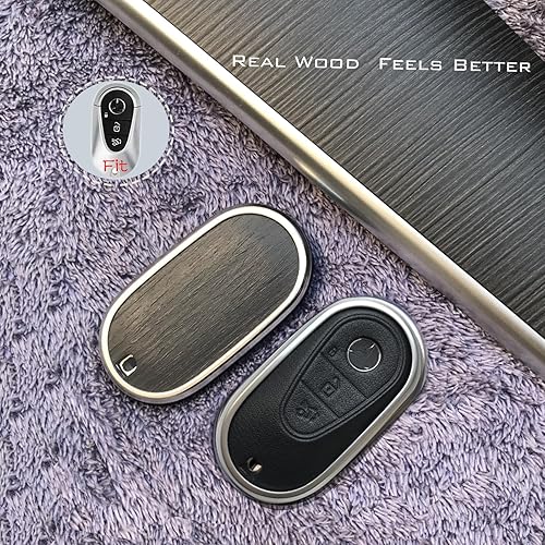Miniatura 4 de Funda para llave de Mercedes Benz, hecha de chapa de madera real, de cuero auténtico, para llavero compatible con C GLC E S, ect 2022-2023 (roble