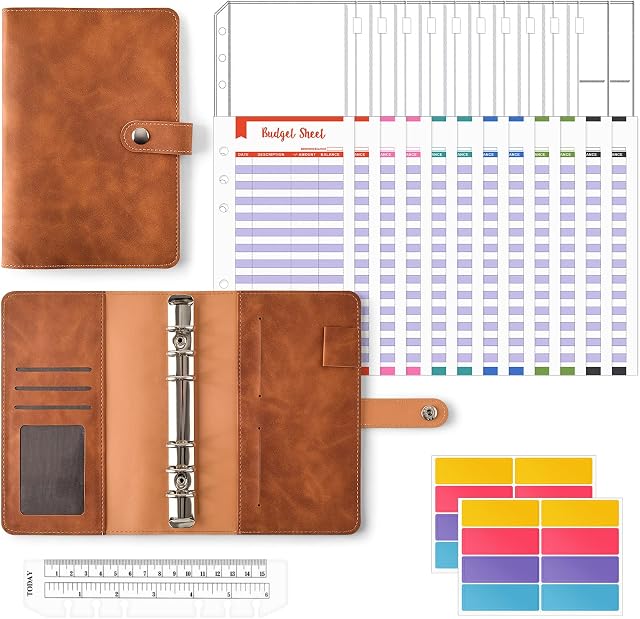 30Pcs Ring Binder Set, A6 PU Leather Money Wallets with 12 Clear Cash Envelopes, 12 Budgets Sheets, 2 Label Stickers and 1 Ruler, Budget Binder for Travel or Work, Brown