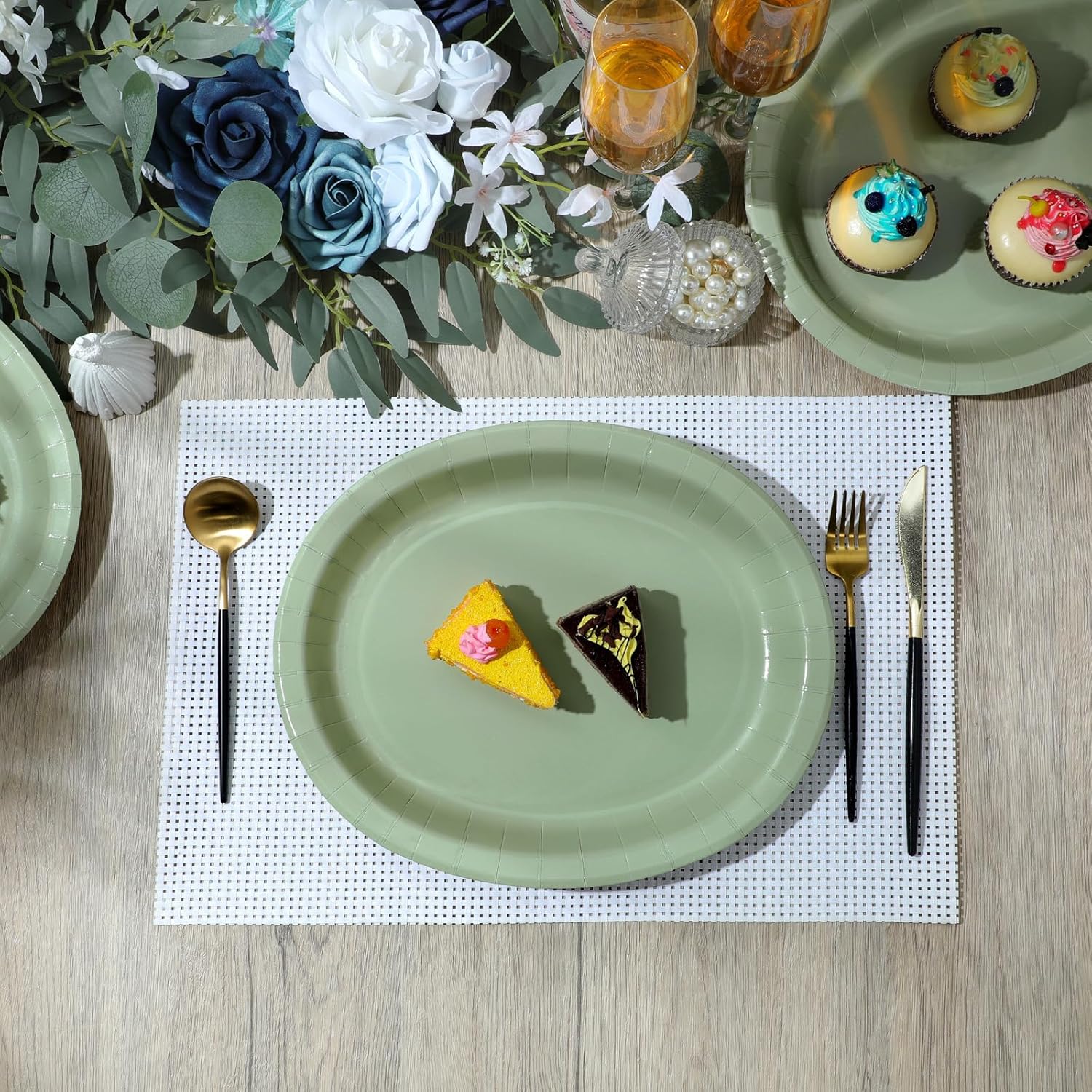 Hsei 100 Pcs Disposable Oval Paper Plates 10'' x 12'' Large Spring Tea Party Plates Baby Shower Paper Platters Bulk Supplies(Sage Green,spring Tea Party) - Image 7