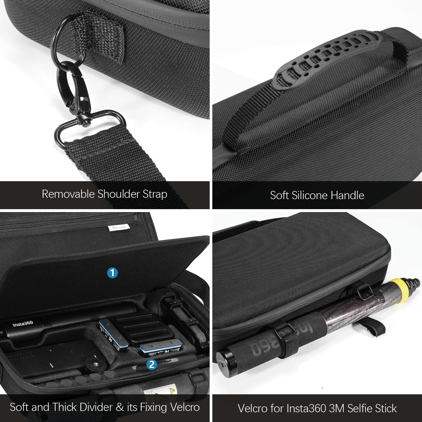 AMAZEAR Étui de Transport pour Accessoires Insta360 X5 / X4 Air, Sac étanche, Sacoche bandoulière Portable pour Insta360 X5 / X4 Air, Compatible avec Perche Selfie 3M 9,8ft, Entièrement Noir, Grand