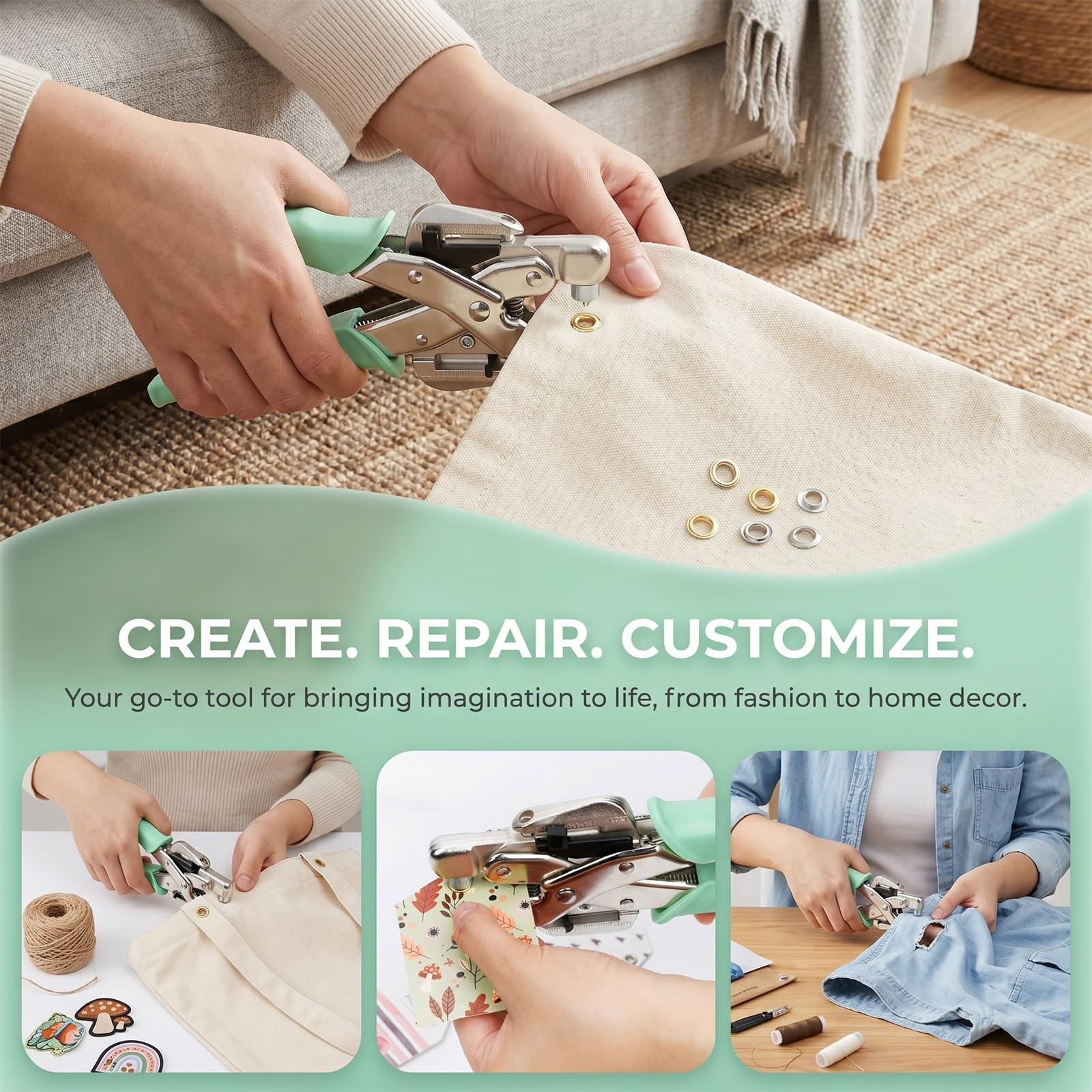 Kit Pince à Œillets 160pcs,Outils Perforation 3/16 & 1/8 Pouces | Pince A Oeillets pour Bâches Cuir Tissu,Rivets Métal avec Boîte de Rangement, DIY Réparation Ceinture Sac Chaussure,Vert