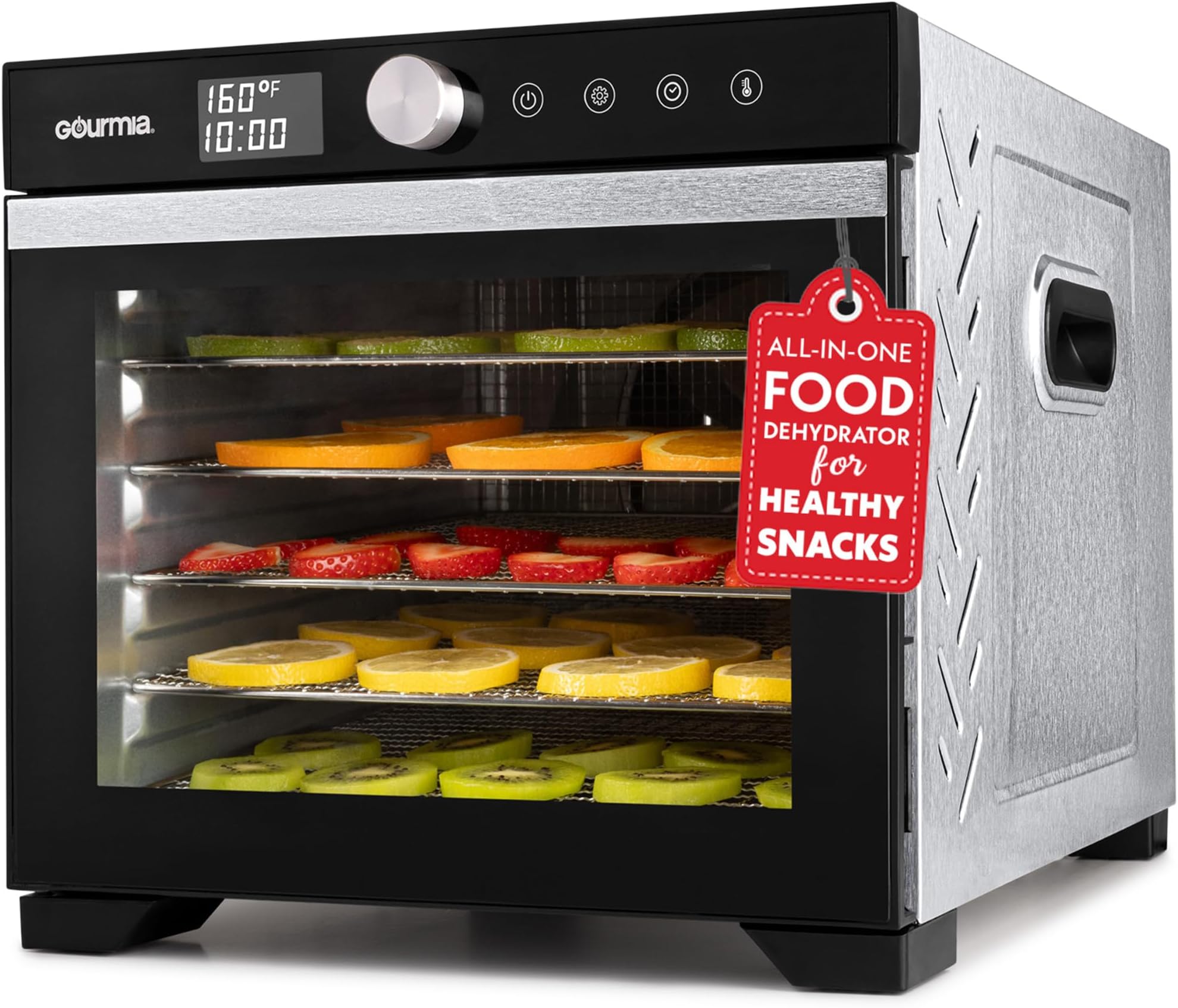 Digital Food Dehydrator โ 6 Stainless Steel Trays, 360ยฐ Airflow, One-Touch Presets, Adjustable Temp 95โ165ยฐF, Timer, Glass Door, Quiet Operation, 600W โ Healthy Snacks, Jerky, Fruits & More