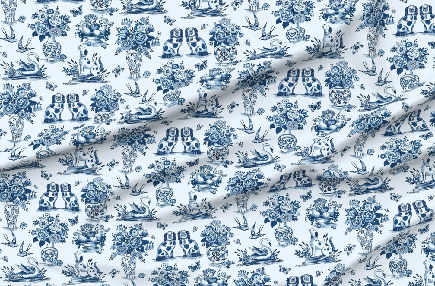 Spoonflower Fabric - China Blue Butterflies Floral Blues Birds Dogs White Chinoiserie Toile Printed on Petal Signature Cotton Fabric by The Yard - Sewing Quilting Apparel Crafts Decor