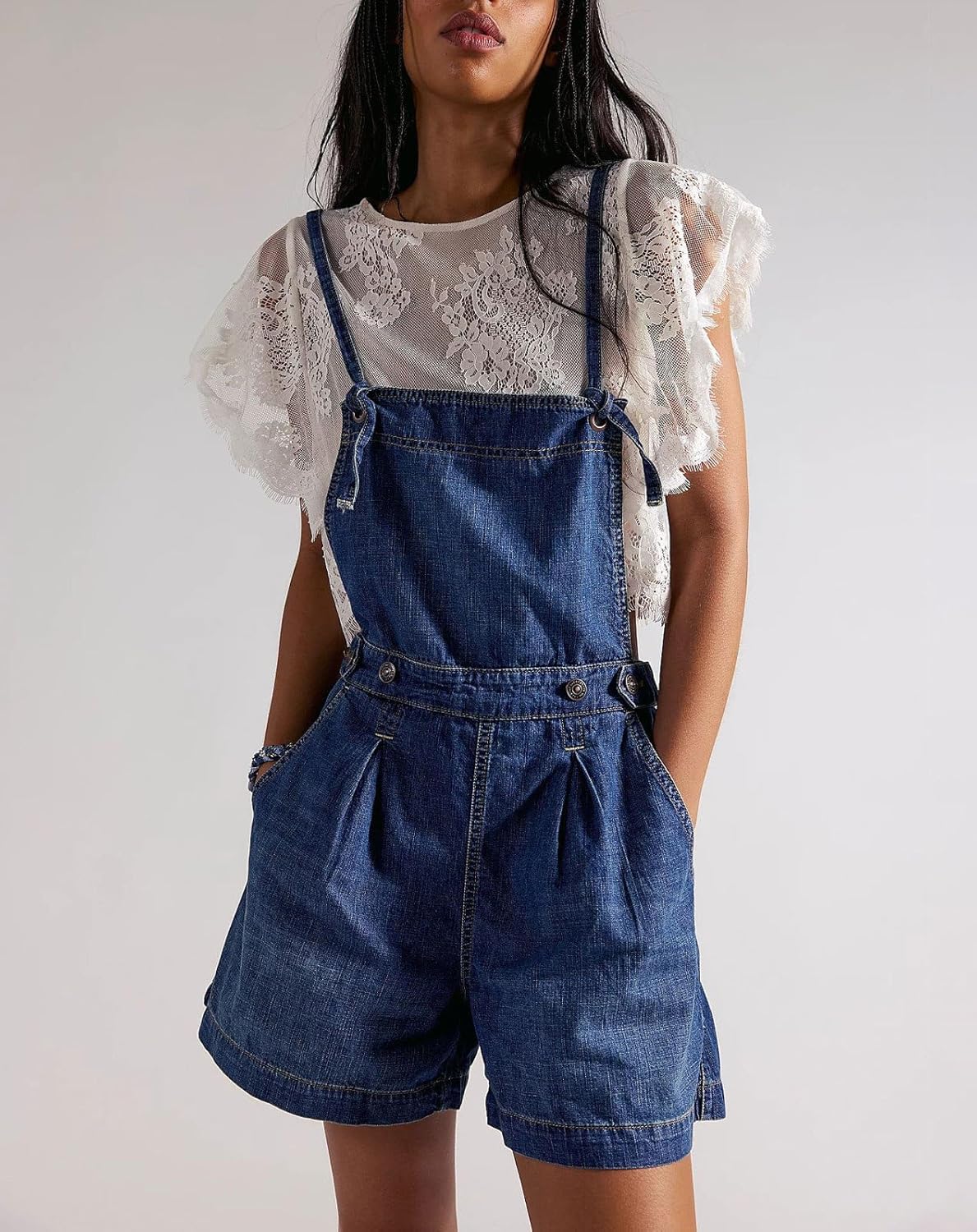 loveimgs Women Jean Overall Shorts Self Tie Spaghetti Straps Sleeveless Denim Romper Backless Baggy Jean Overalls Y2k Outfits