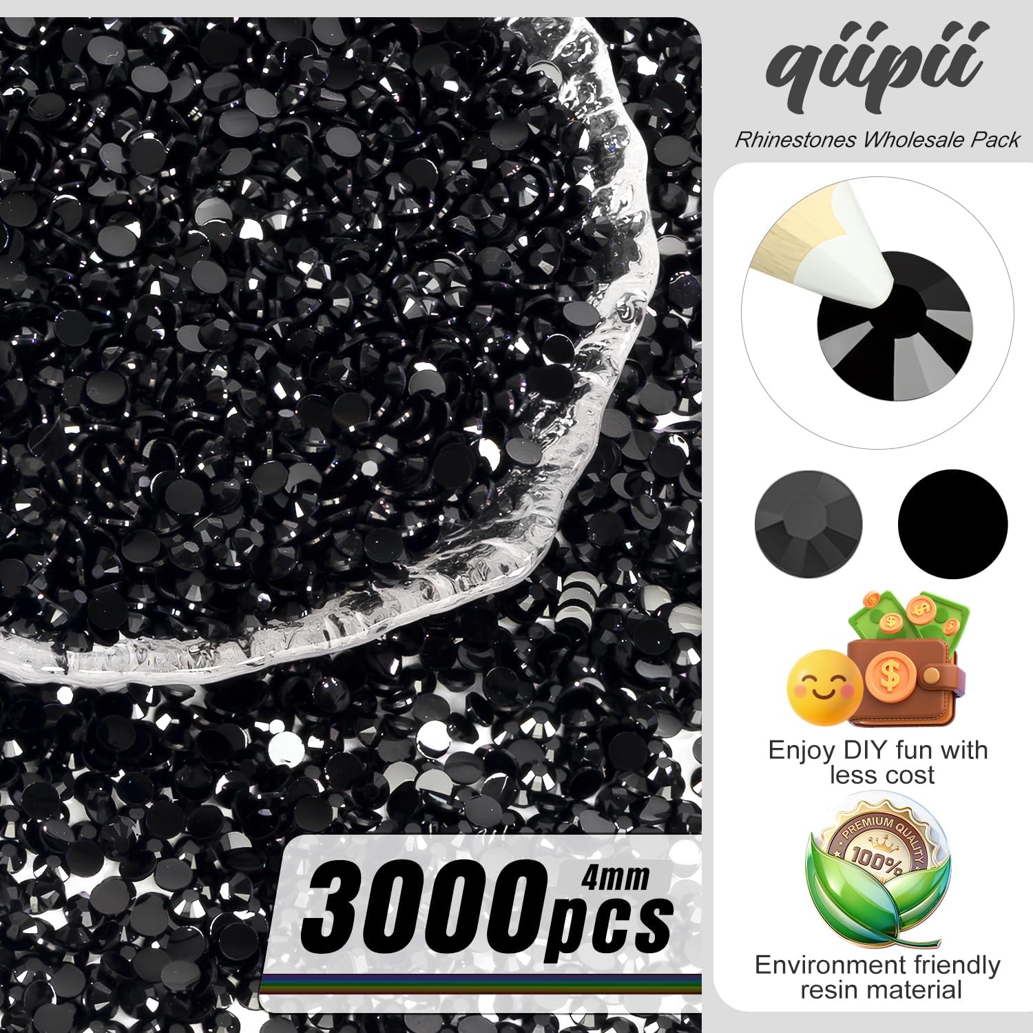 3000PCS 4mm Solid Black Resin Rhinestones for Crafting SS16 Pure Black Flat back Jelly Stones Bulk No-Hotfix Dark Black Diamonds Gems for Nails Face Eyes Body Makeup Tumblers Bottles DIY Crafts - Image 2