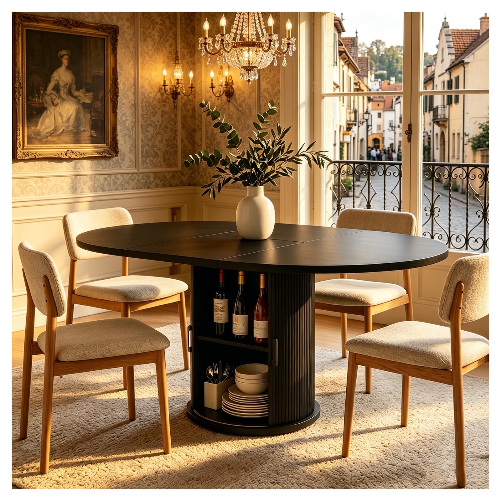 Runder Esstisch 118cm für 4-6 Personen, geriffelter Sockel, Küchen- & Esszimmertisch, platzsparend für kleine Räume, Schwarz