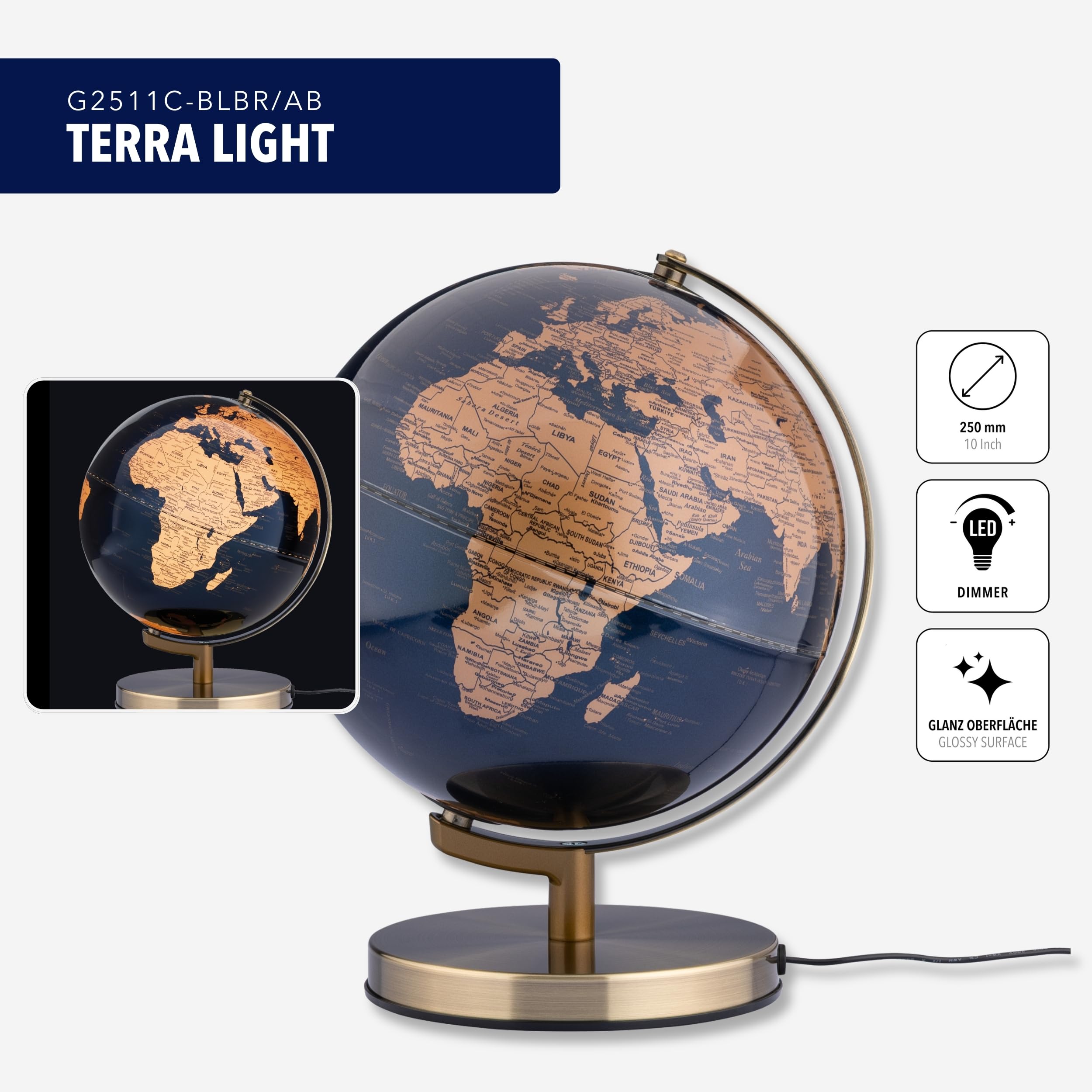 TROIKA Globus beleuchtet 25 cm TERRA LIGHT Licht LED Globus auf antikgoldfarbenem gebürsteten Metallfuß inkl. Ladestecker weicher Filzboden bewegliche Achse in bronzefarben, dunkelblau