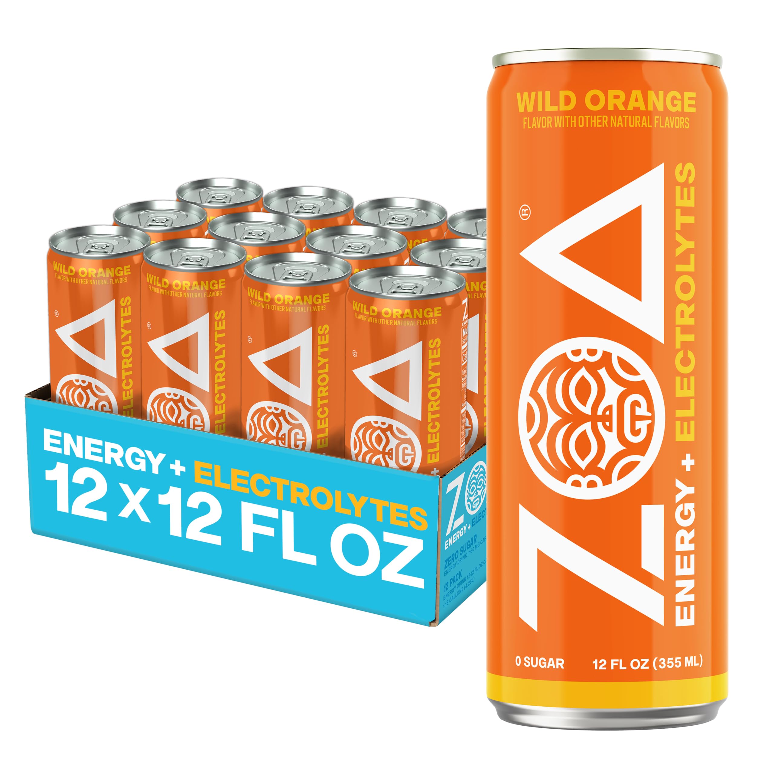 ZOA Zero Sugar Energy Drink, Wild Orange, 12 Pack, 12 Fl Oz Cans