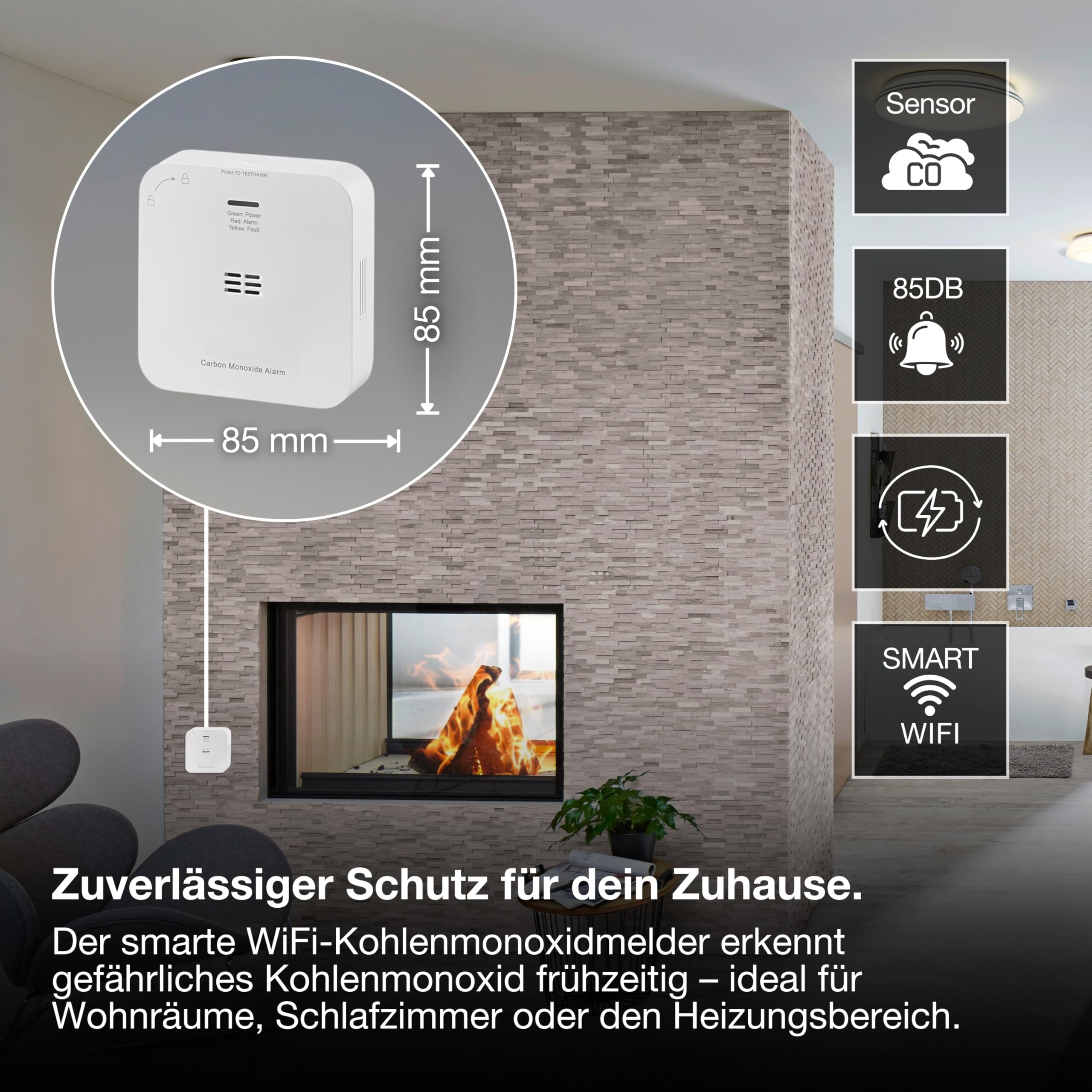 OSRAM SMART+ WiFi Kohlenmonoxidmelder in Weiß, 1er-Pack, EN 50291, IP20-Schutz, für den Innenbereich geeignet