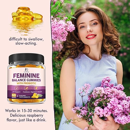 Miniatura 7 de Feminine Balance - Gomitas probióticas para mujeres, apoyan el equilibrio del pH, la frescura y la salud digestiva, con piña, olmo resbaladizo,