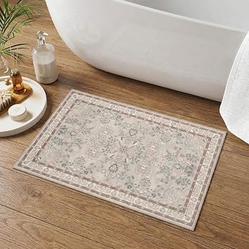 GRANNY SAYS Boho Bathroom Rugs 26"x 18" Non-Slip, Quick Dry & Washable, Vintage Bath Rug, Distressed Farmhouse Plush Velvet Bath Mat, Absorbent for Shower Toilet Sink, Pet Friendly - Flower Beige