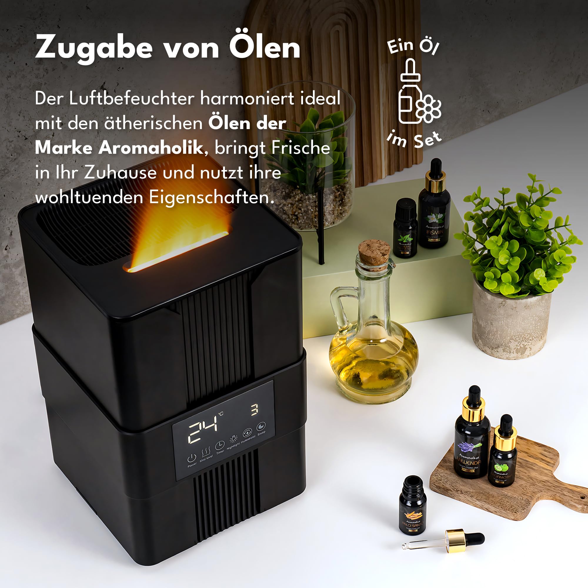 Premium Aroma Diffuser für Ätherische Öle, Aromadiffusor - Luftbefeuchter, Ultraschall, Aromatherapie, Schlafzimmer, Büro, BPA Free, 200ml, Schwarz, Varma