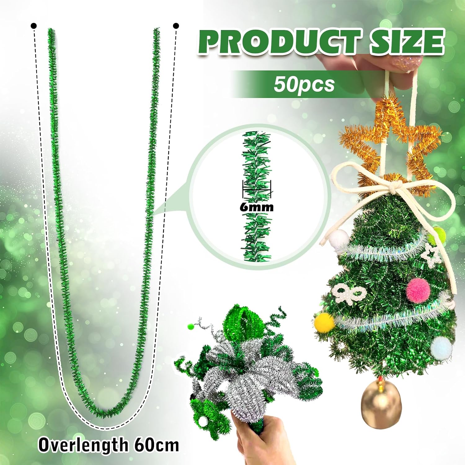 TOAOB 50pcs Long Glitter Pipe Cleaners Green Chenille Stems 24 Inch image 2