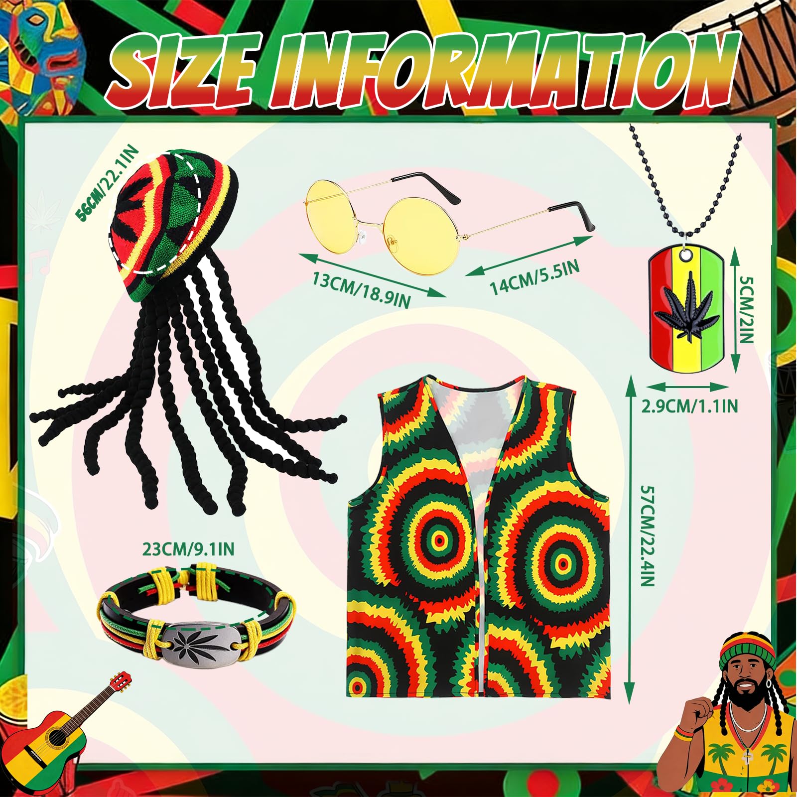 5Pcs Reggae Fancy Dress for Men Jamaican Rasta Costume Accessories Set including Caribbean Vest Rasta Hat with Dreadlocks Glasses Necklace Bracelet for Women Carnival Masquerade Halloween Cosplay Party - Image 2
