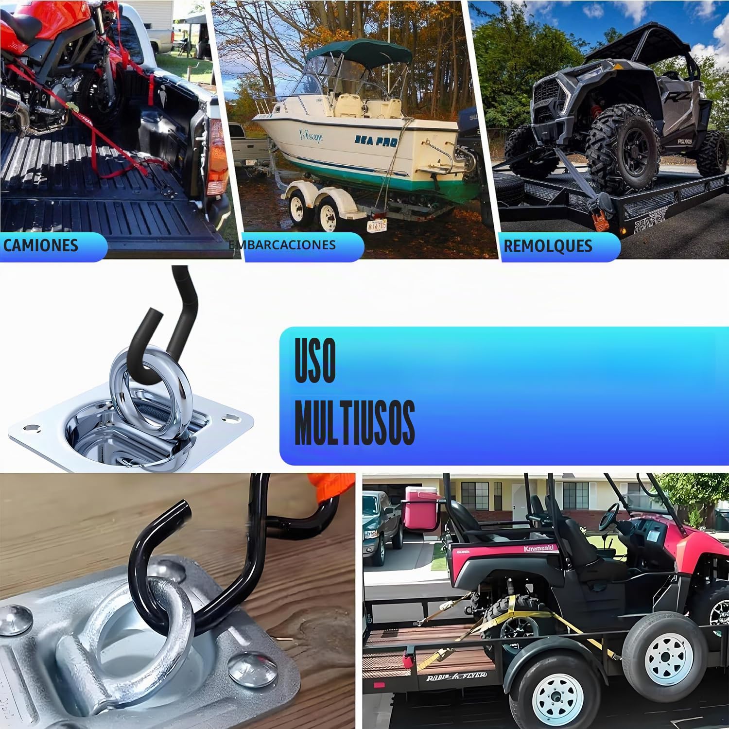 6 Piezas Anillos de Sujeción Tráiler Ganchos de Amarre 1000 Dan (1000KG) Anillas de Amarre con Contraplacas y Tornillos Accesorios para Remolque, fijación para el Transporte de mercancías