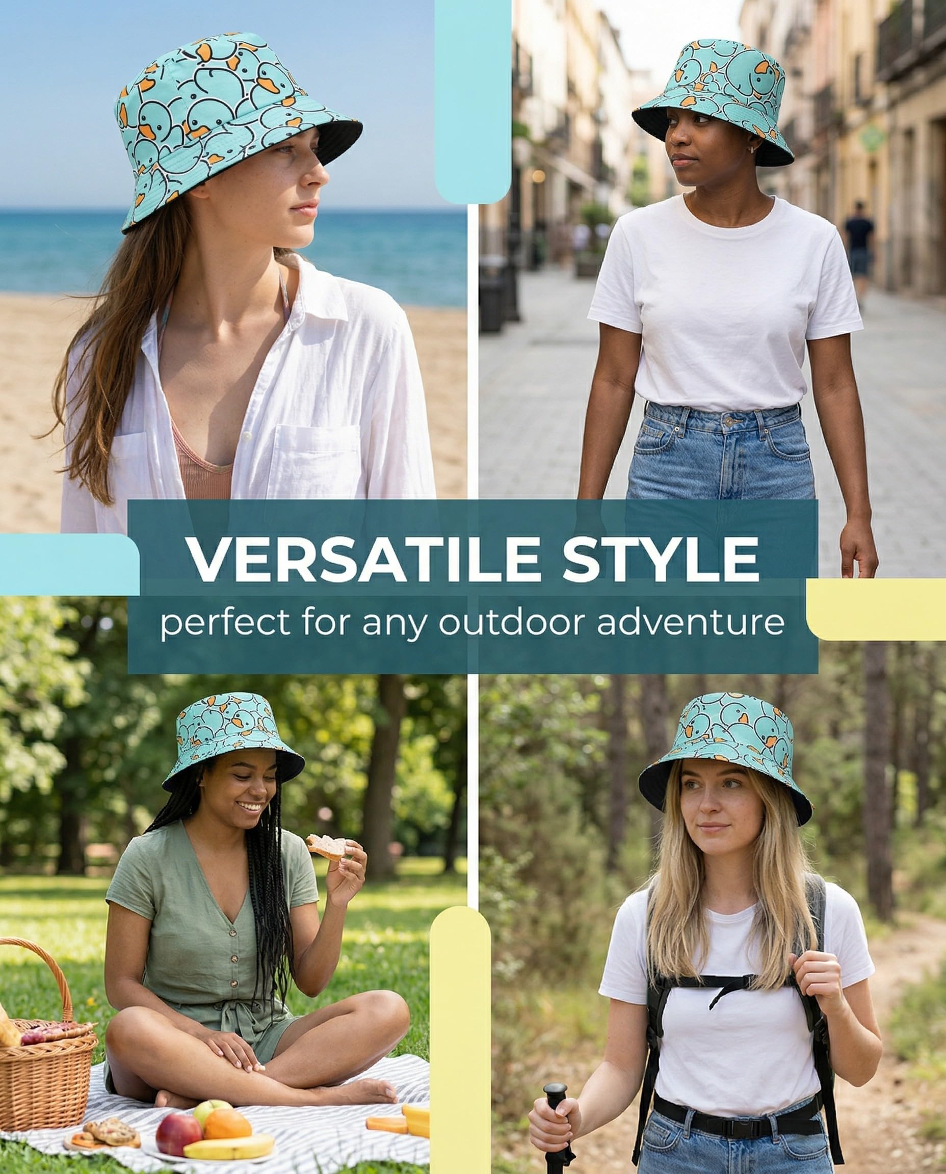 Sombrero Divertido para el Sol de Verano, Gorro de Pescador Reversible con Ala Ancha, Diseño de Pato Amarillo para Niños y Adultos, Unisex (Amarillo)
