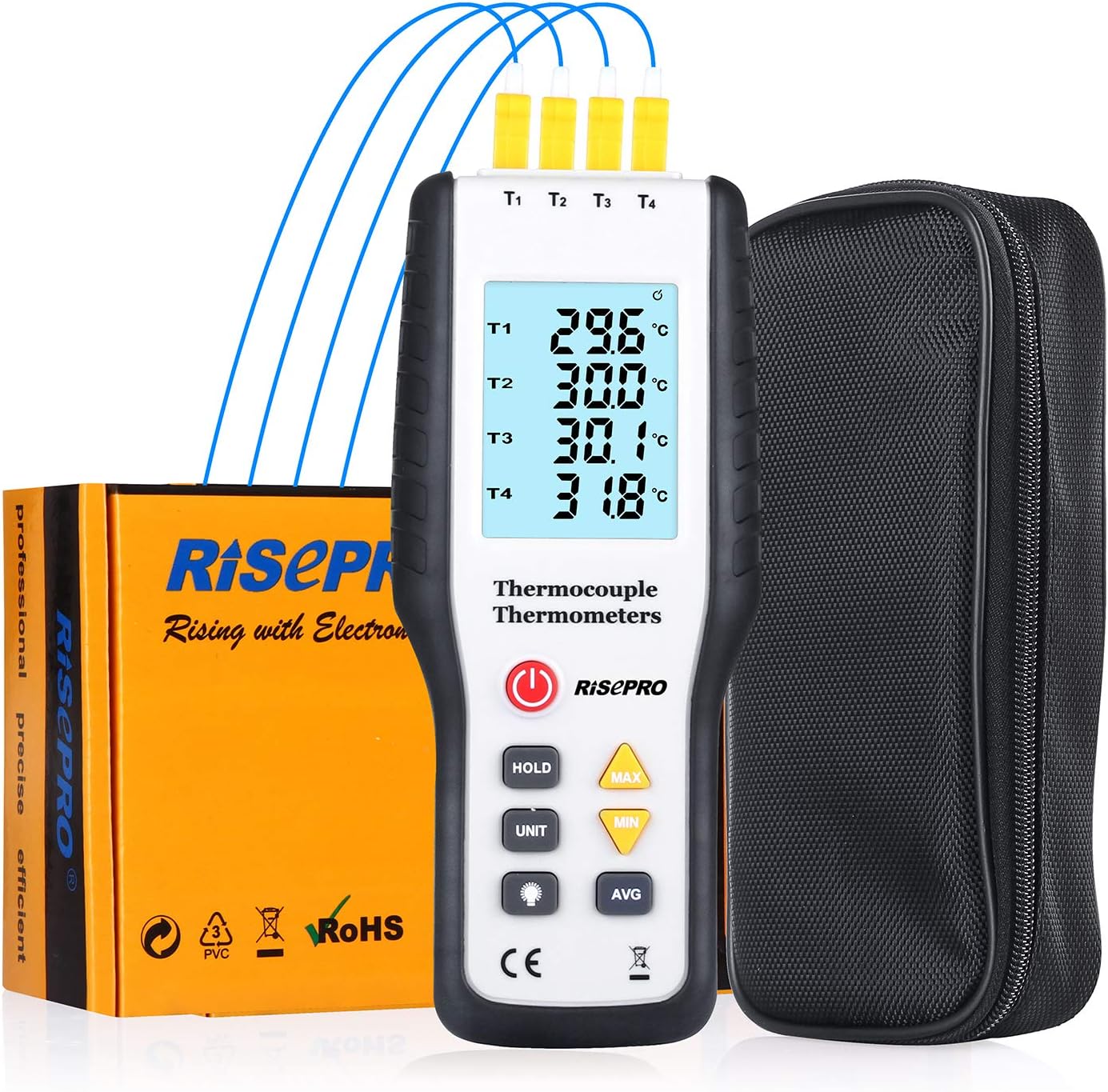 Thermocouple Thermometer, RISEPRO 4 Channel K Type Digital Thermometer Thermocouple -200~1372°C/2501°F Sensor HT-9815