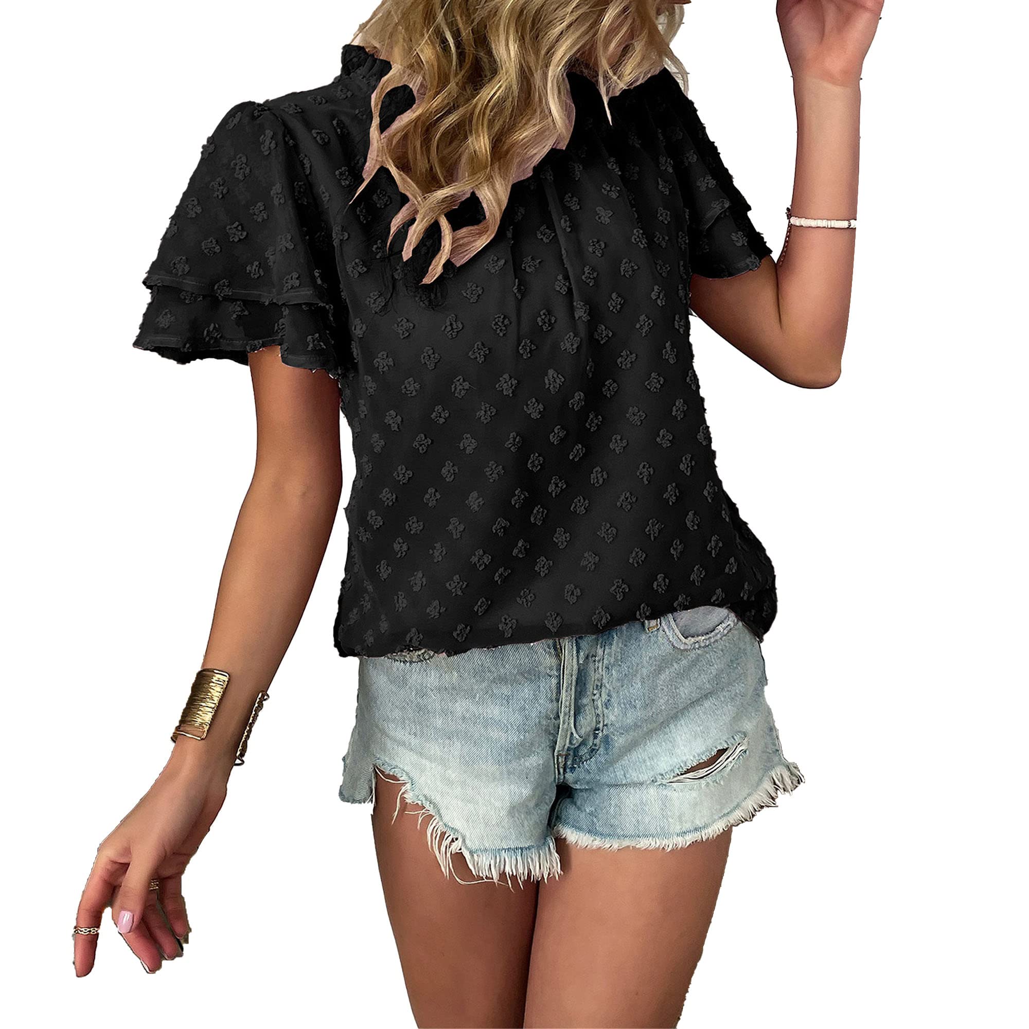 Women's Swiss Dot Casual Tops Short Sleeve Crewneck Chiffon Blouses Cute Solid Color Loose Pom Pom Shirts Tees (Medium,Black)