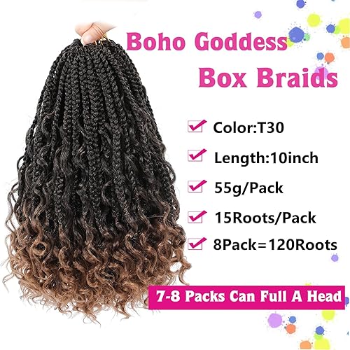 Miniatura 6 de Extensiones de cabello sintético de ganchillo de 10 pulgadas, trenzas de caja Goddess 3X estilo bohemio con extremos ondeados, 16 mechones por